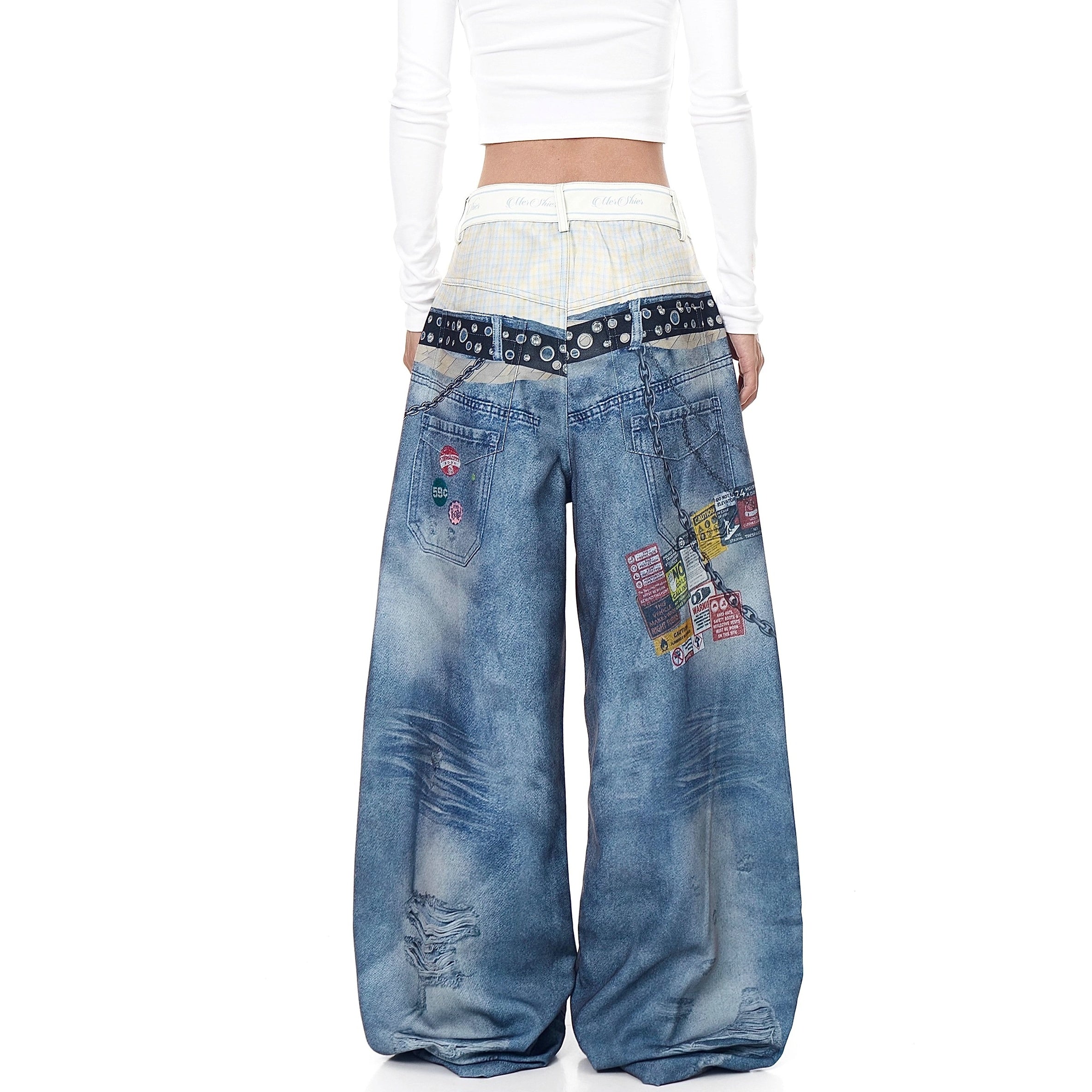 3D Belt Chain Print Double-Waist Jeans BK7020