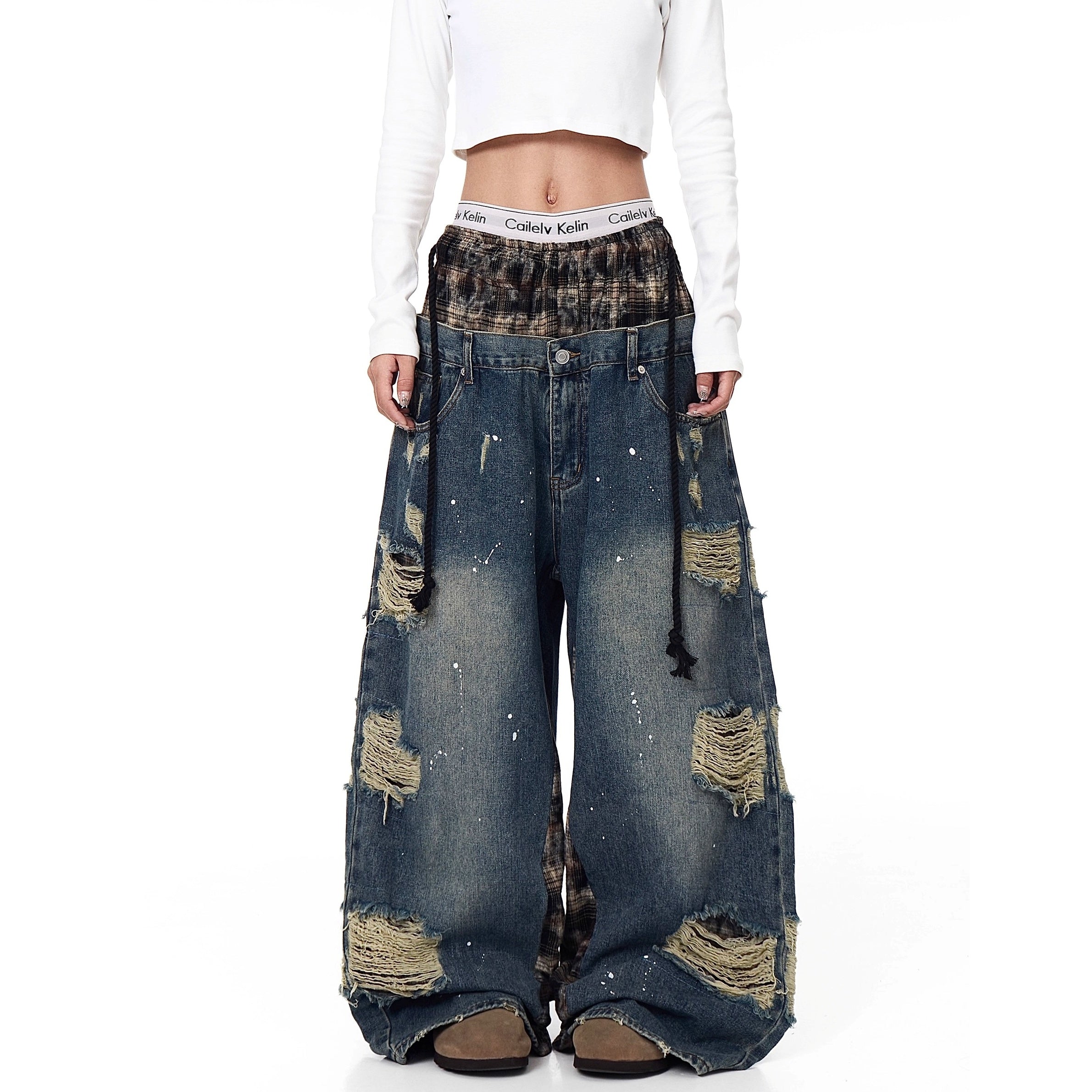 Double Waist Splicing Ripped Curve Jeans MW10273