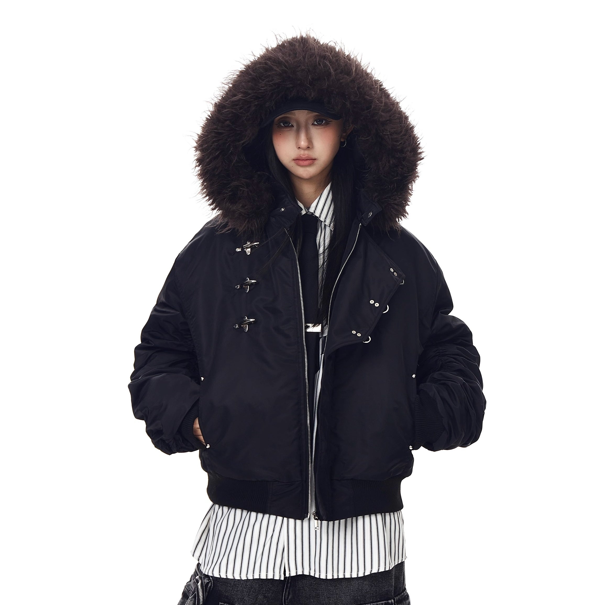 Fur Collar Airplane Buckle Hooded Jacket MW10305