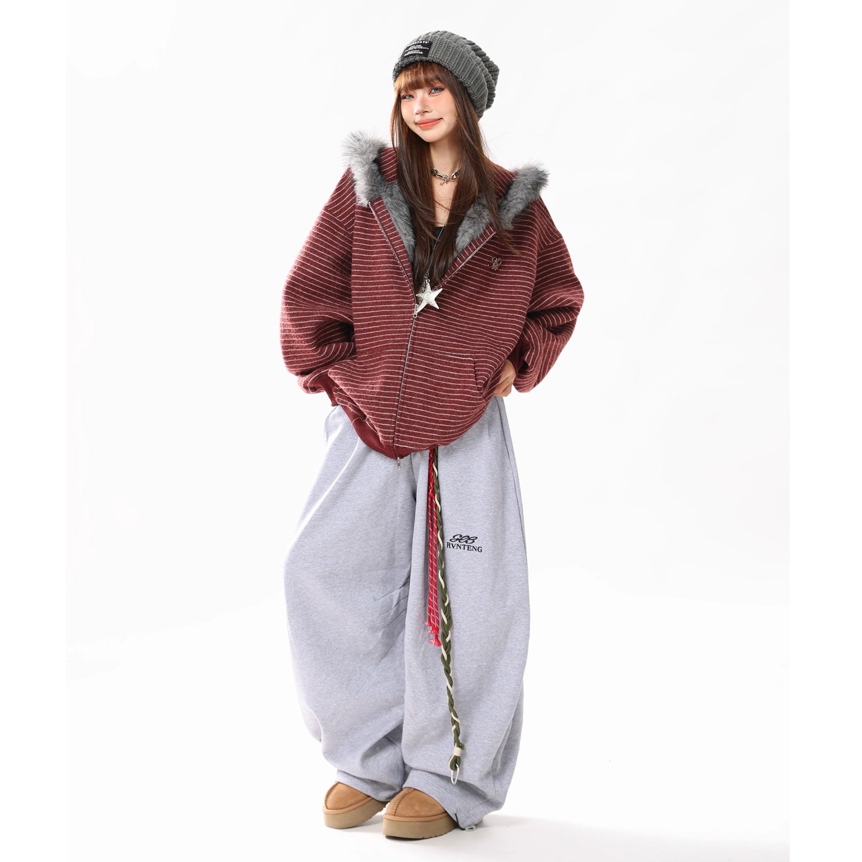 Fur Collar Rabbit Ear Border Zip Hooded Parka MW10293