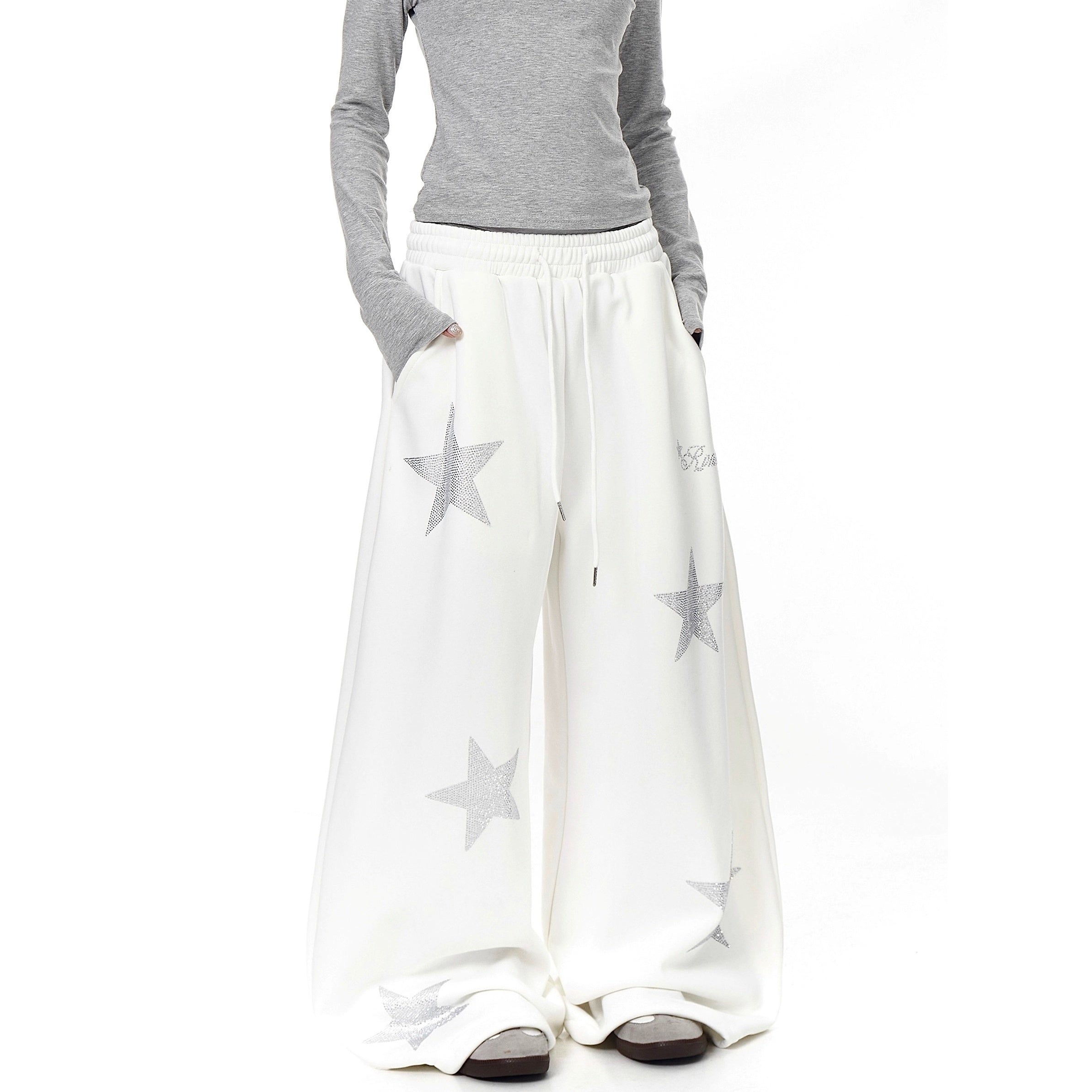 Star Rhinestone Design Curve Sweat Pants BK7060