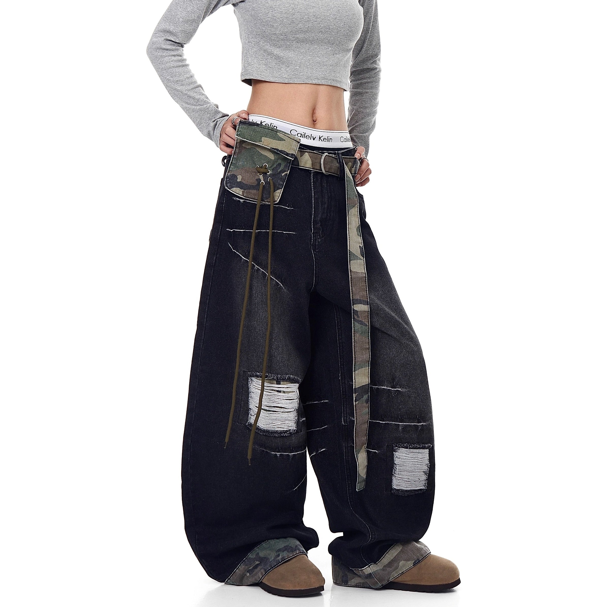 Patchwork Ripped Curve Jeans With Camouflage Belt Bag MW10240