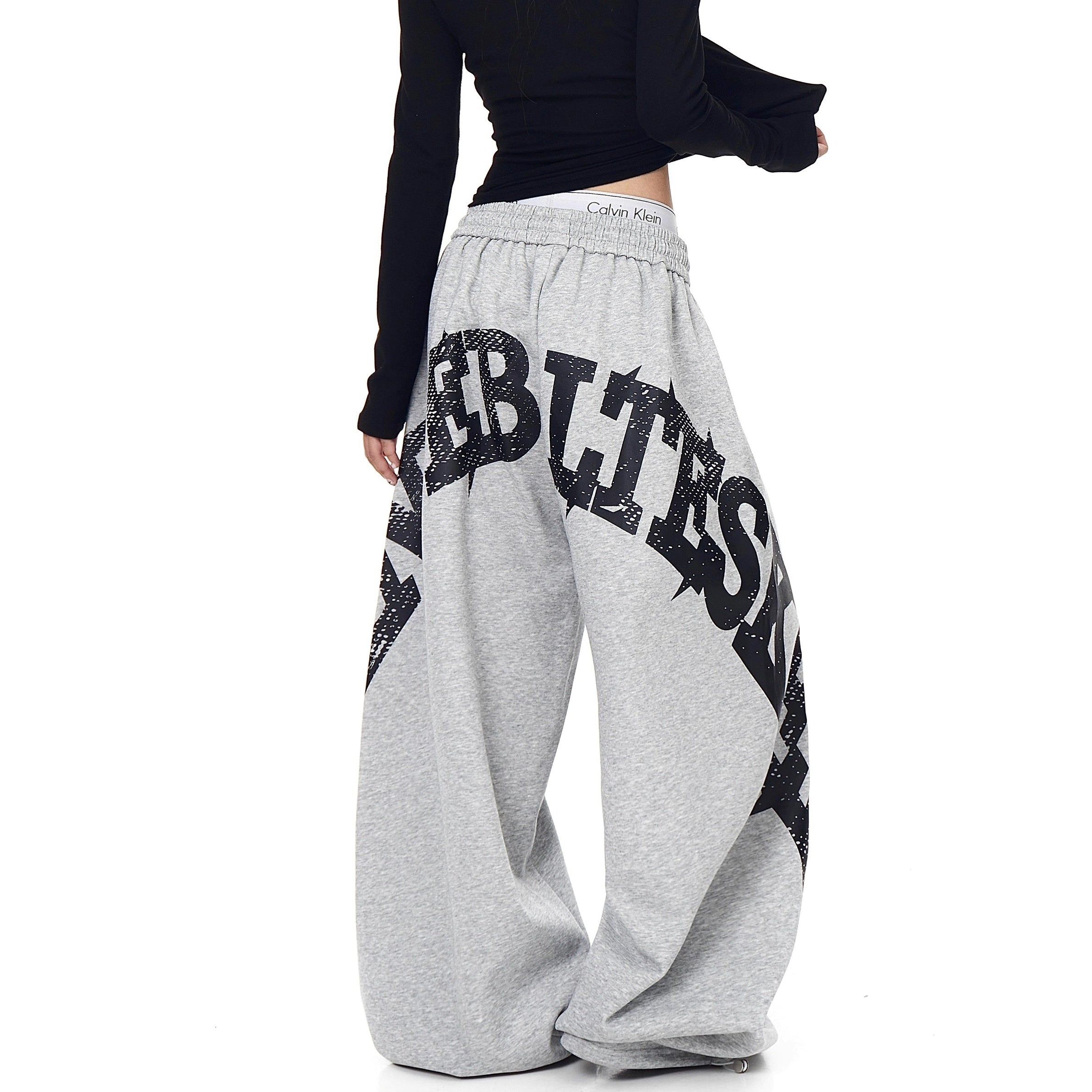 Letter Print Drawstring Scimitar Sweat Pants BK7042