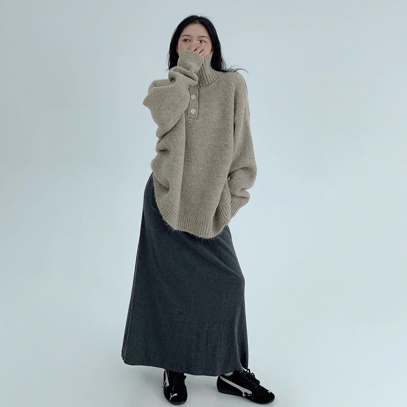 High Neck Half-Button Loose Sweater OS2054