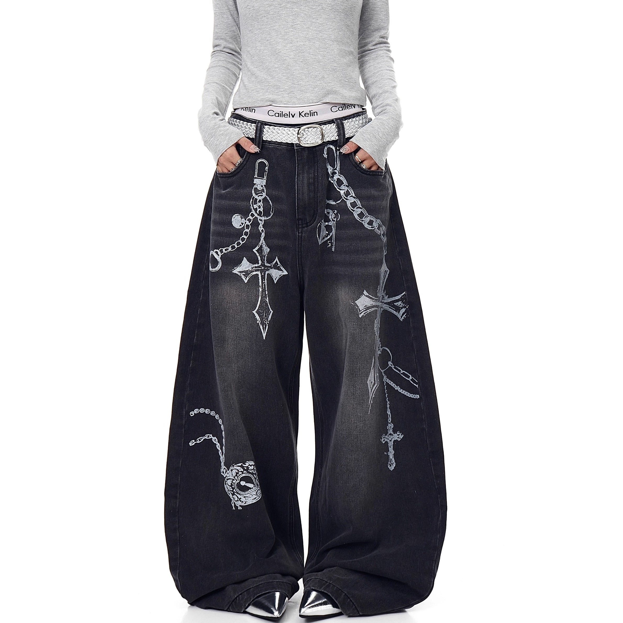 Cross Print Washed Loose Curve Jeans MW10275