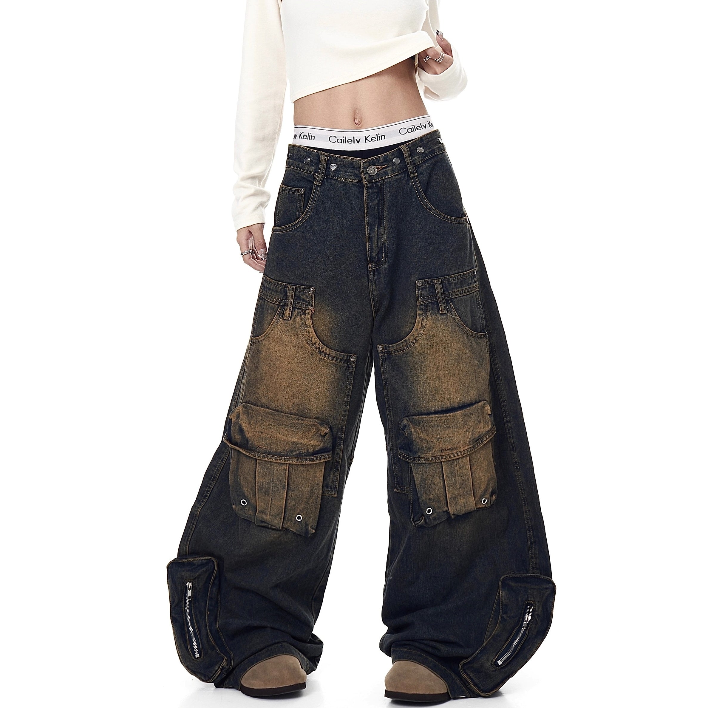 Deconstructed Multi-Pocket Damage Wide Jeans BK7004
