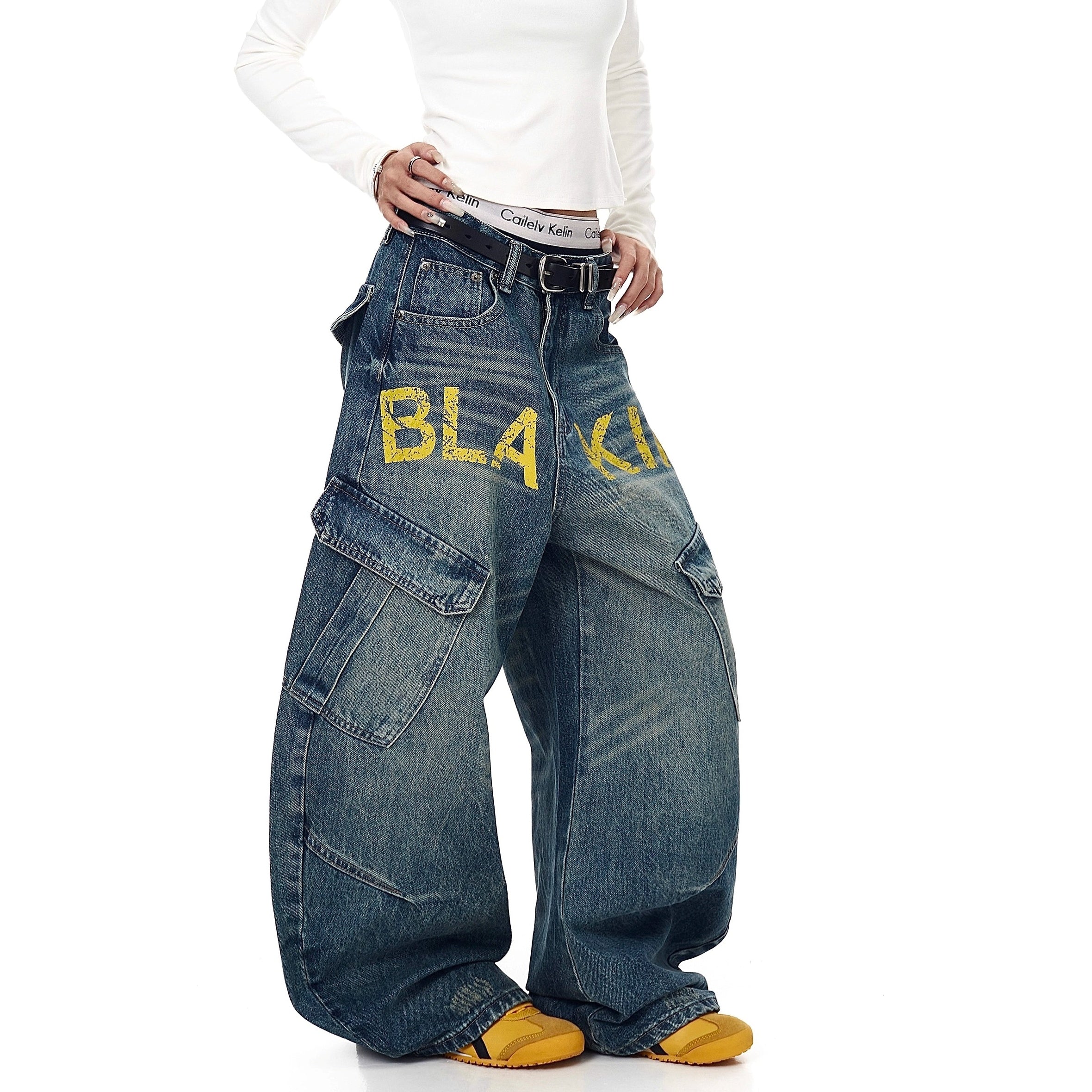 Monogram Print Vintage Scimitar Cargo Jeans BK7034