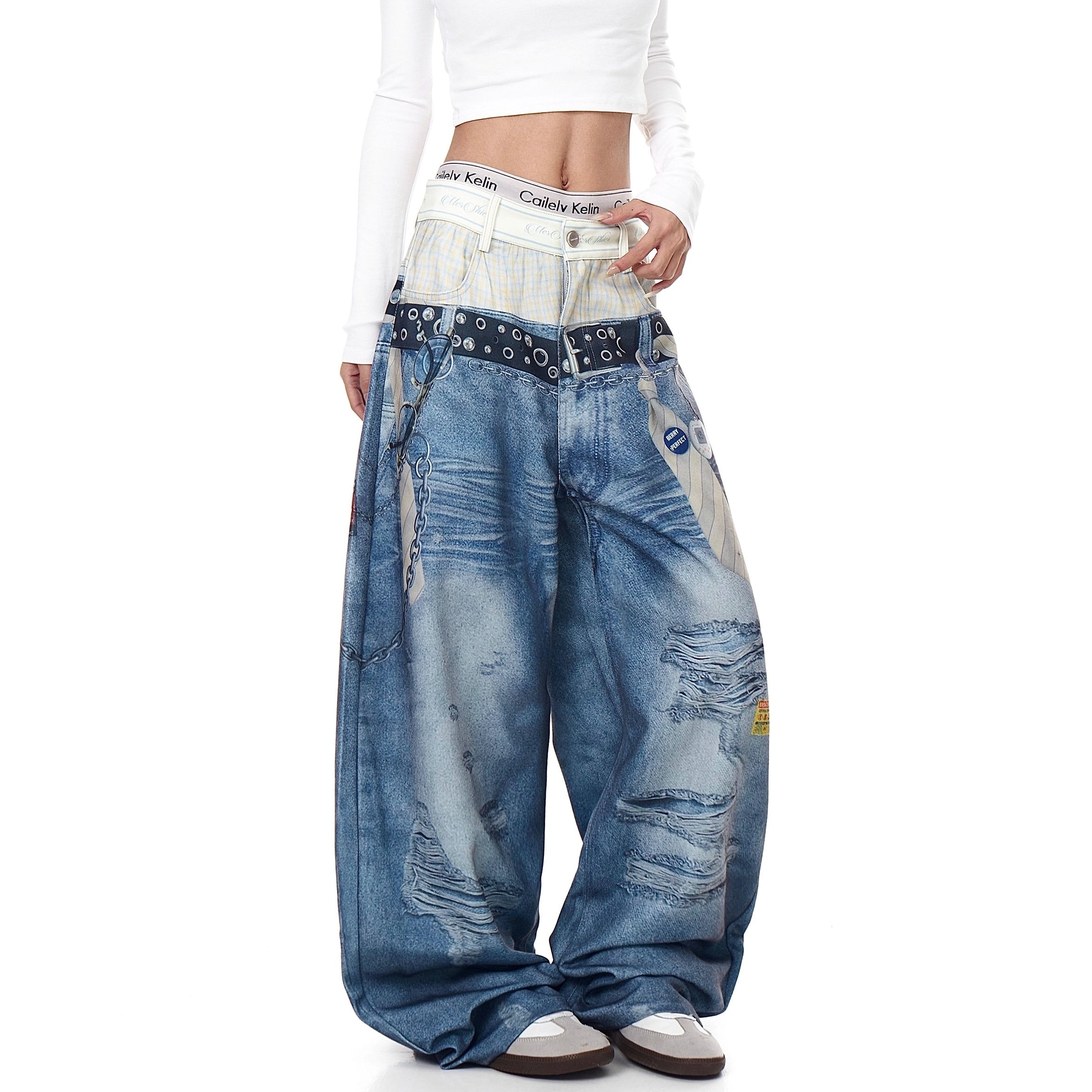 3D Belt Chain Print Double-Waist Jeans BK7020