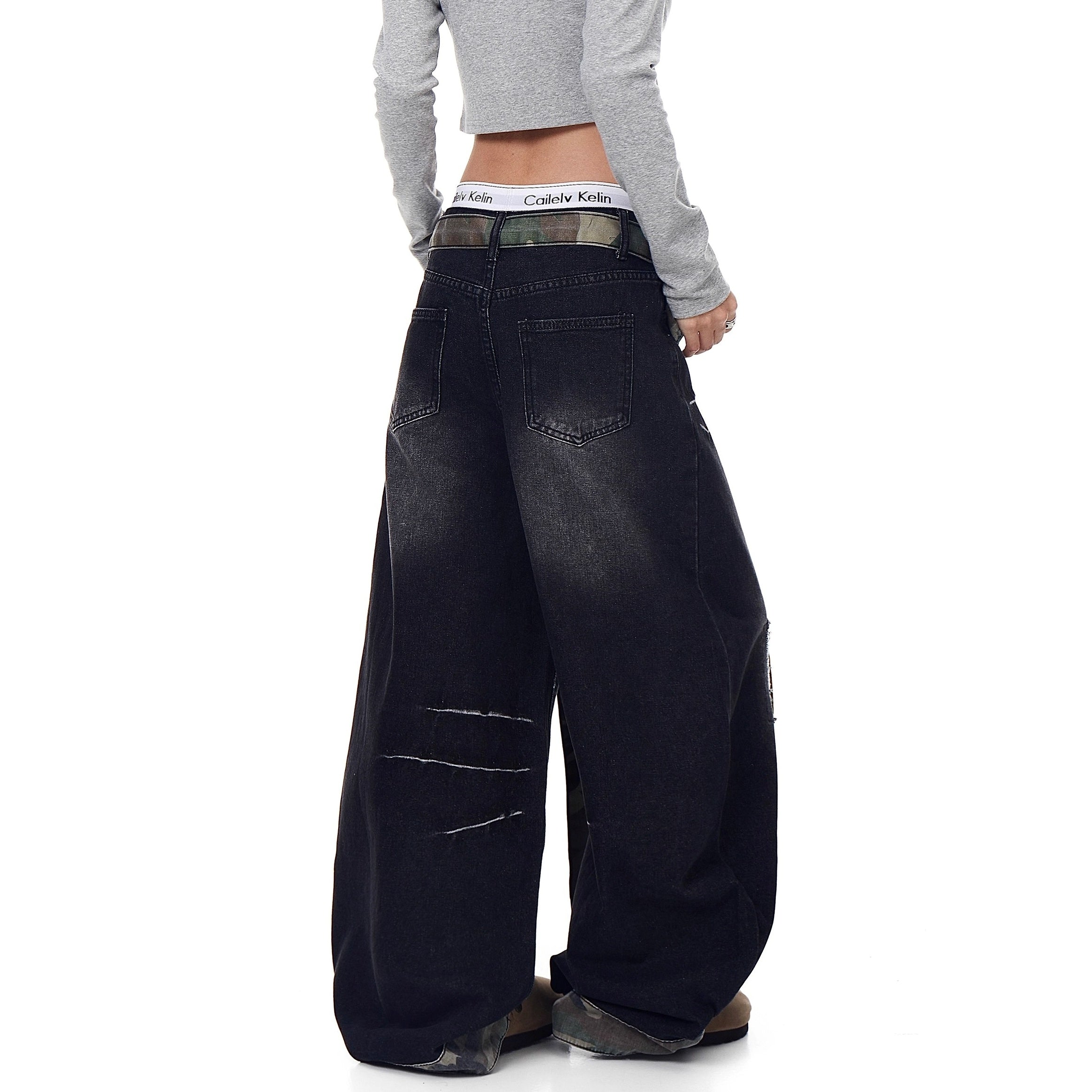 Patchwork Ripped Curve Jeans With Camouflage Belt Bag MW10240