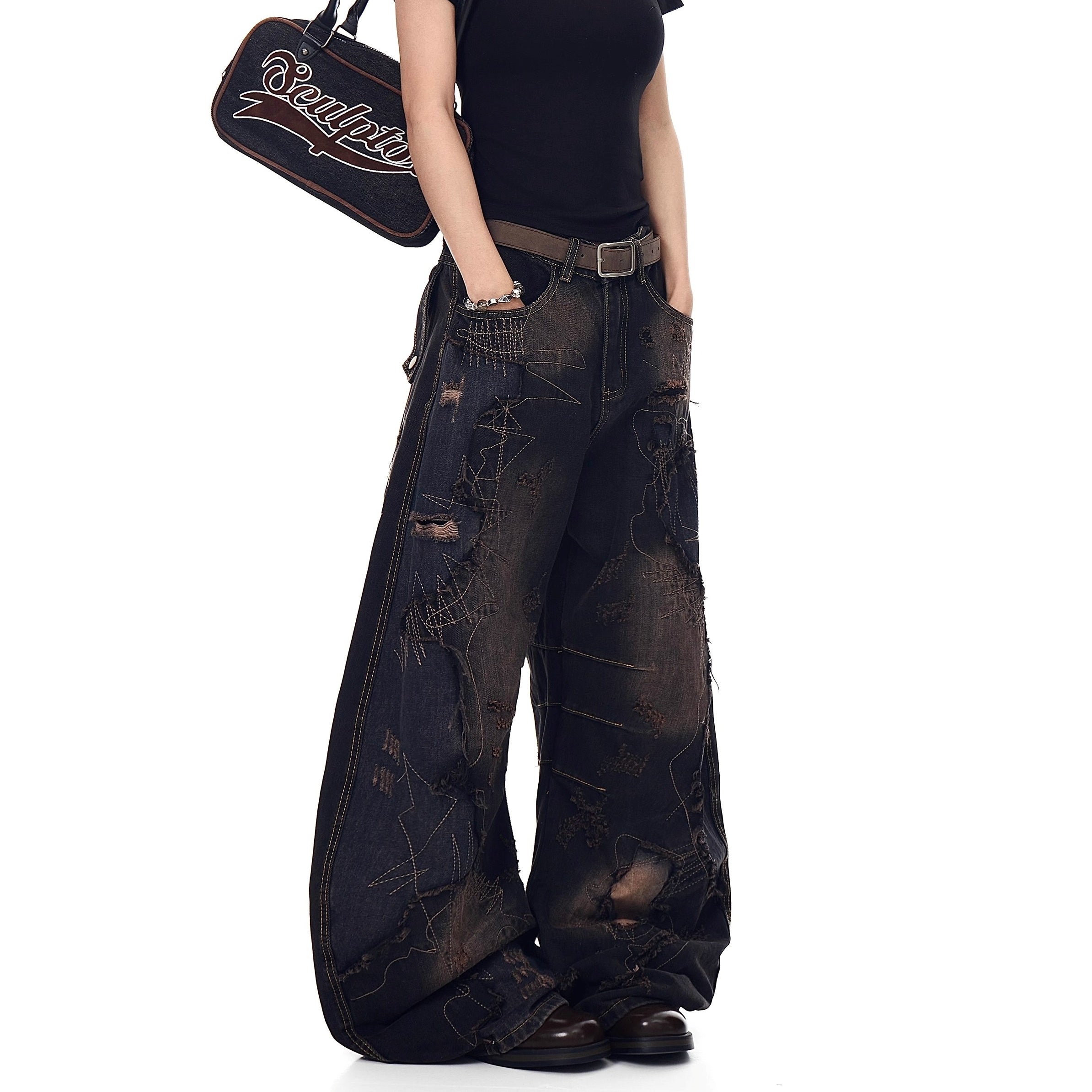 Heavy Embroidery Stitching Curve Jeans MW10196