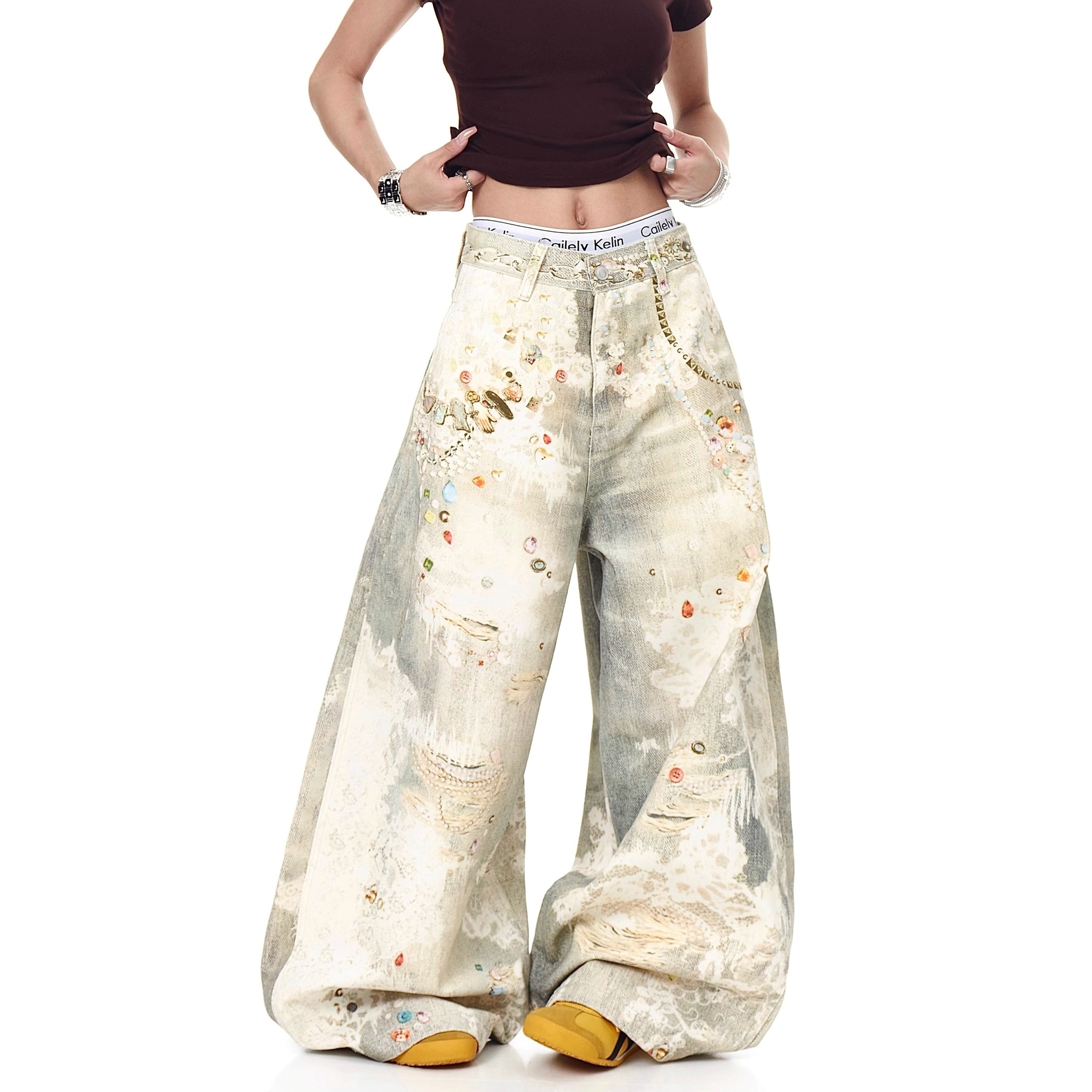 3D Printed Jewelry Distressed Wide Curve Jeans MW10223