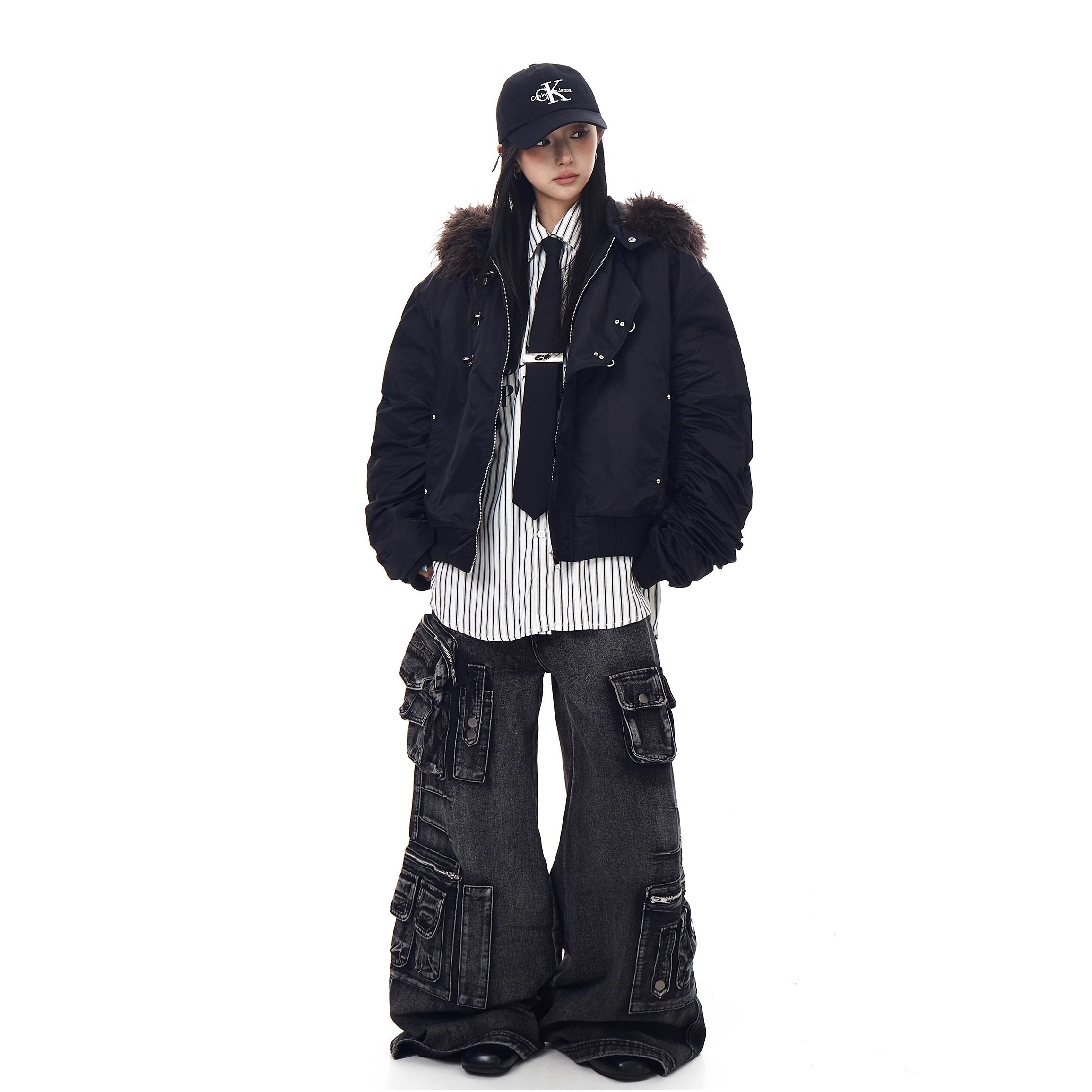 Fur Collar Airplane Buckle Hooded Jacket MW10305