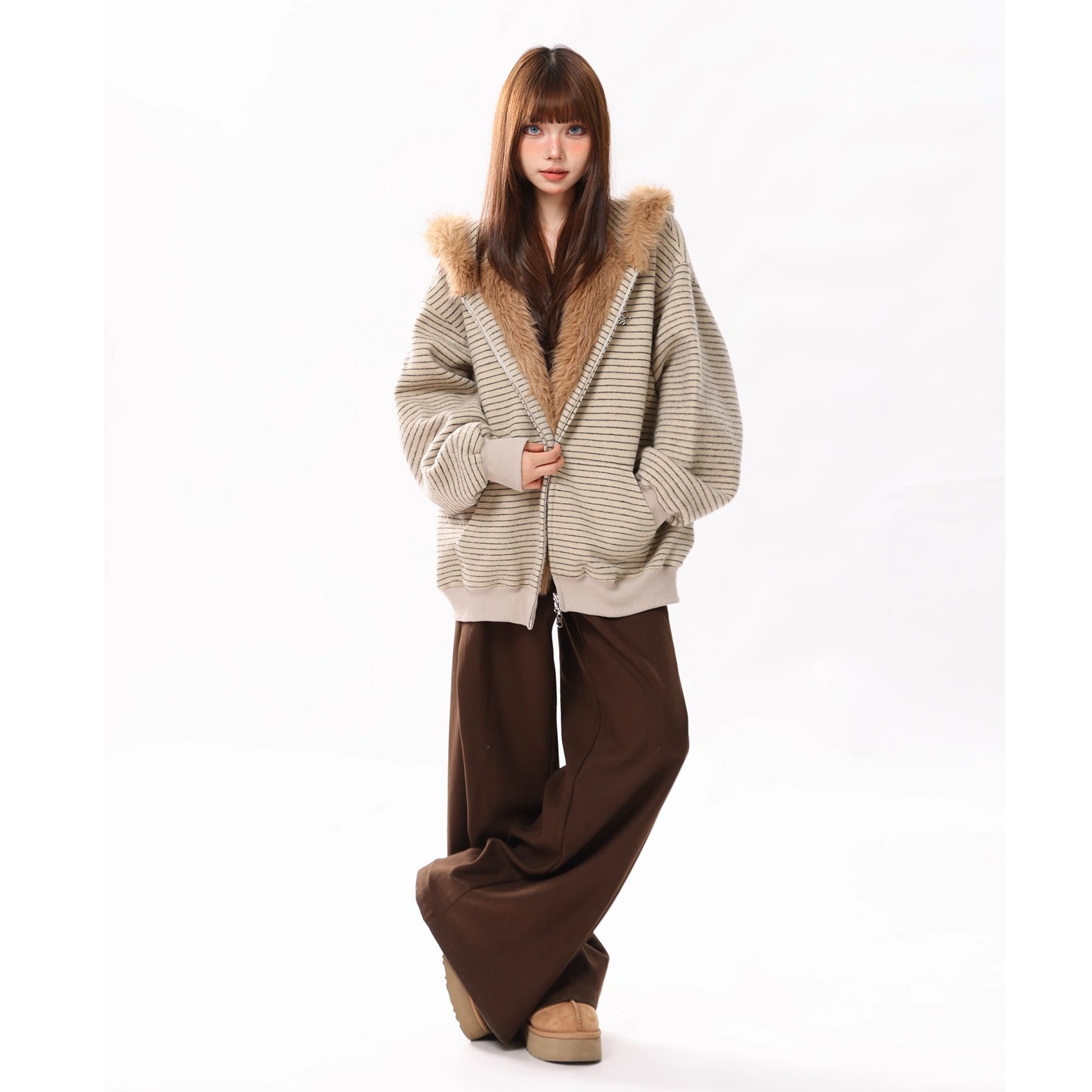 Fur Collar Rabbit Ear Border Zip Hooded Parka MW10293