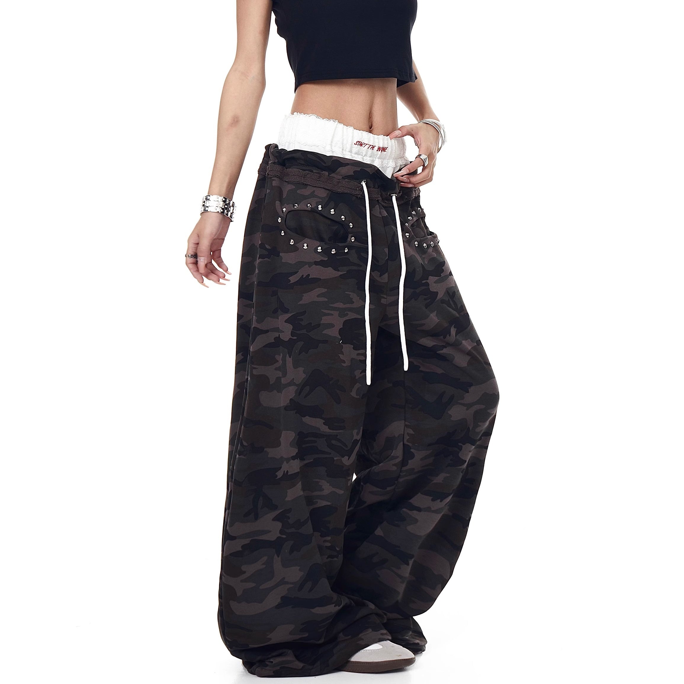 Lace Stitching Double Waist Camouflage Pants MW10203