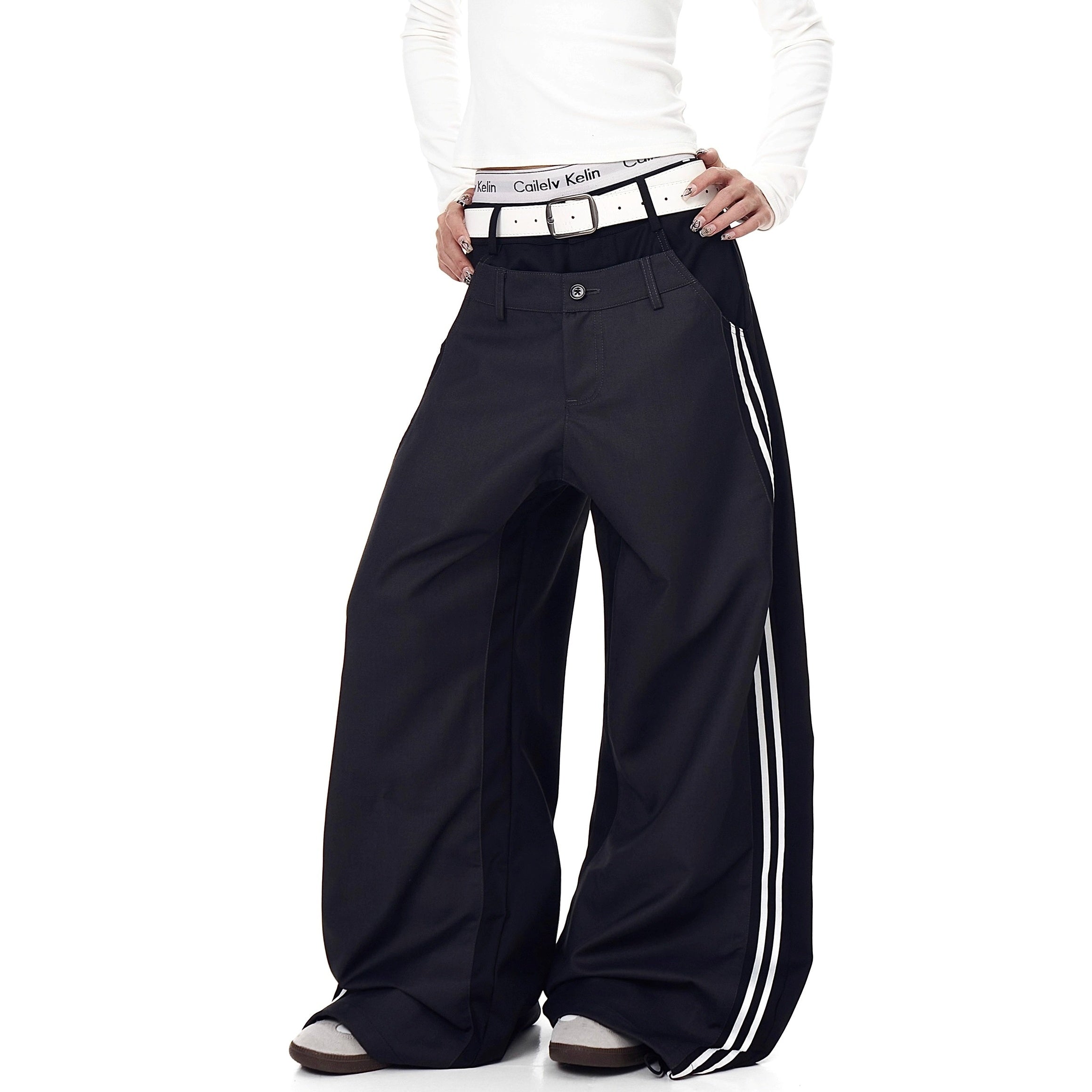 Double-Waisted Striped Wide Curve Pants BK7008