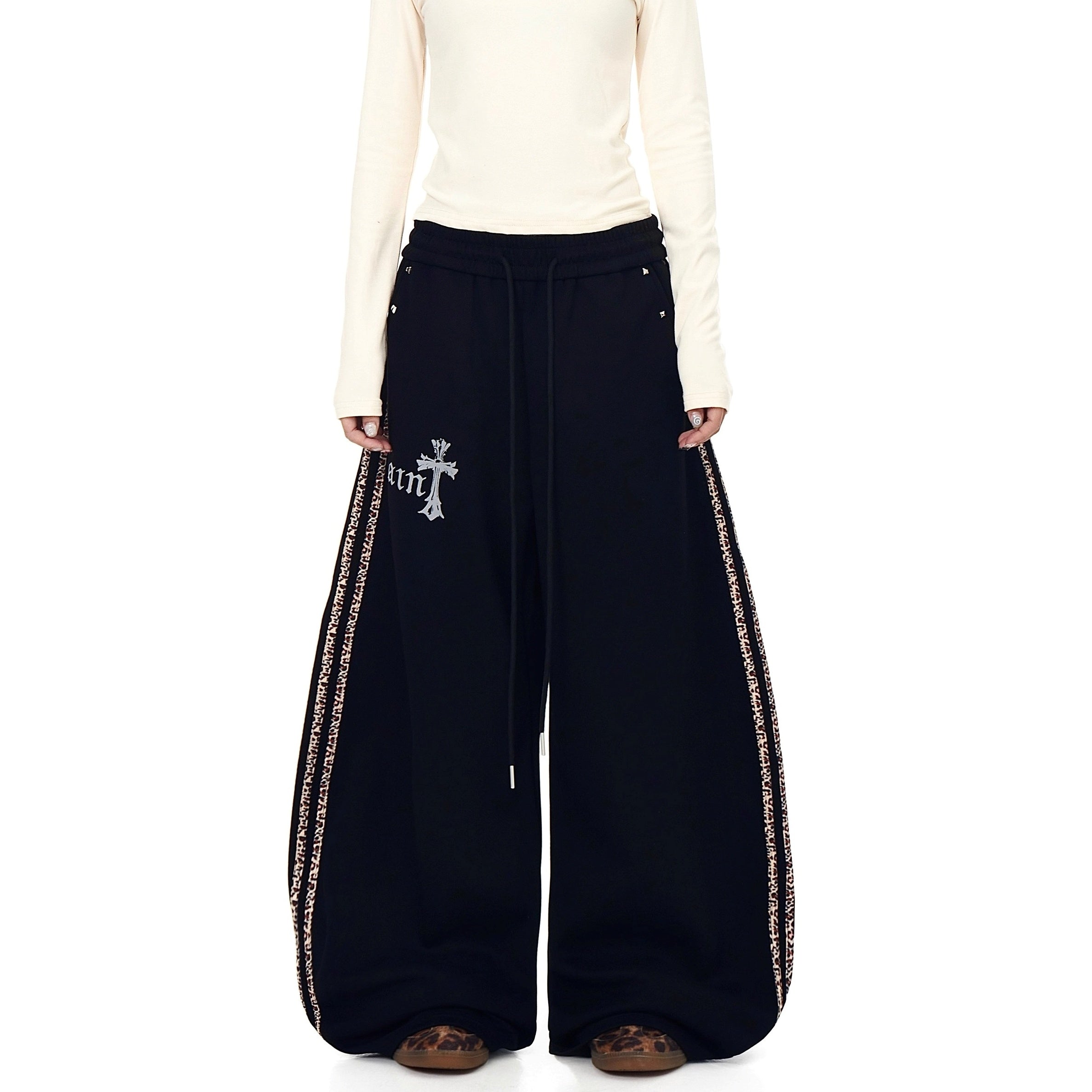 Leopard Print Spliced Rivet Curve Sweat Pants BK7058