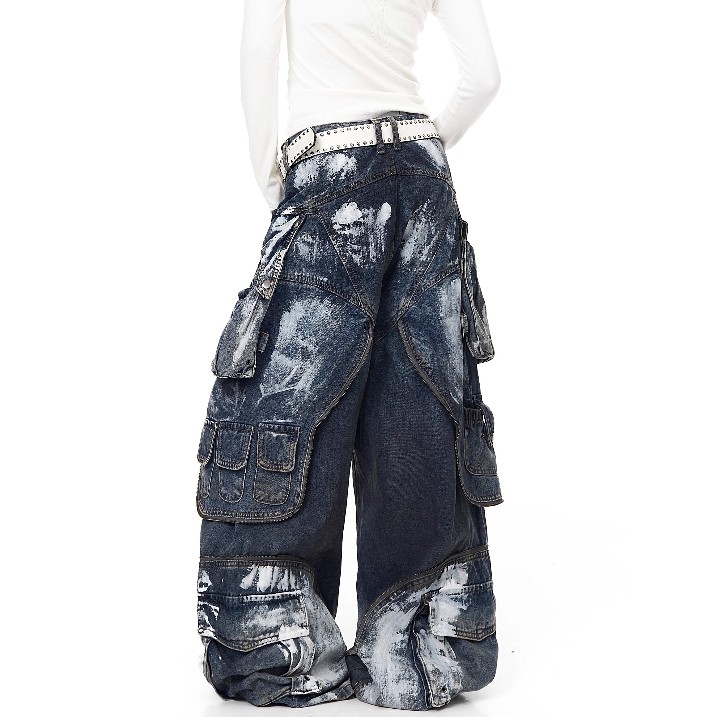 Dirty Worn Zipper Splicing Cargo Jeans BK7043