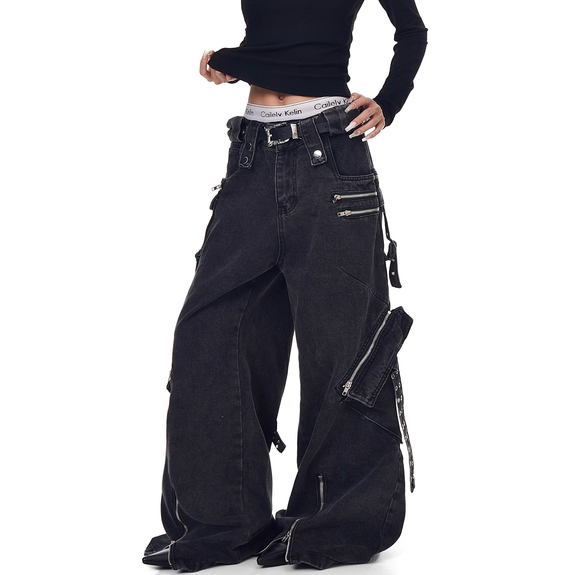 Heavy Washed Zipper Design Cargo Jeans BK7023