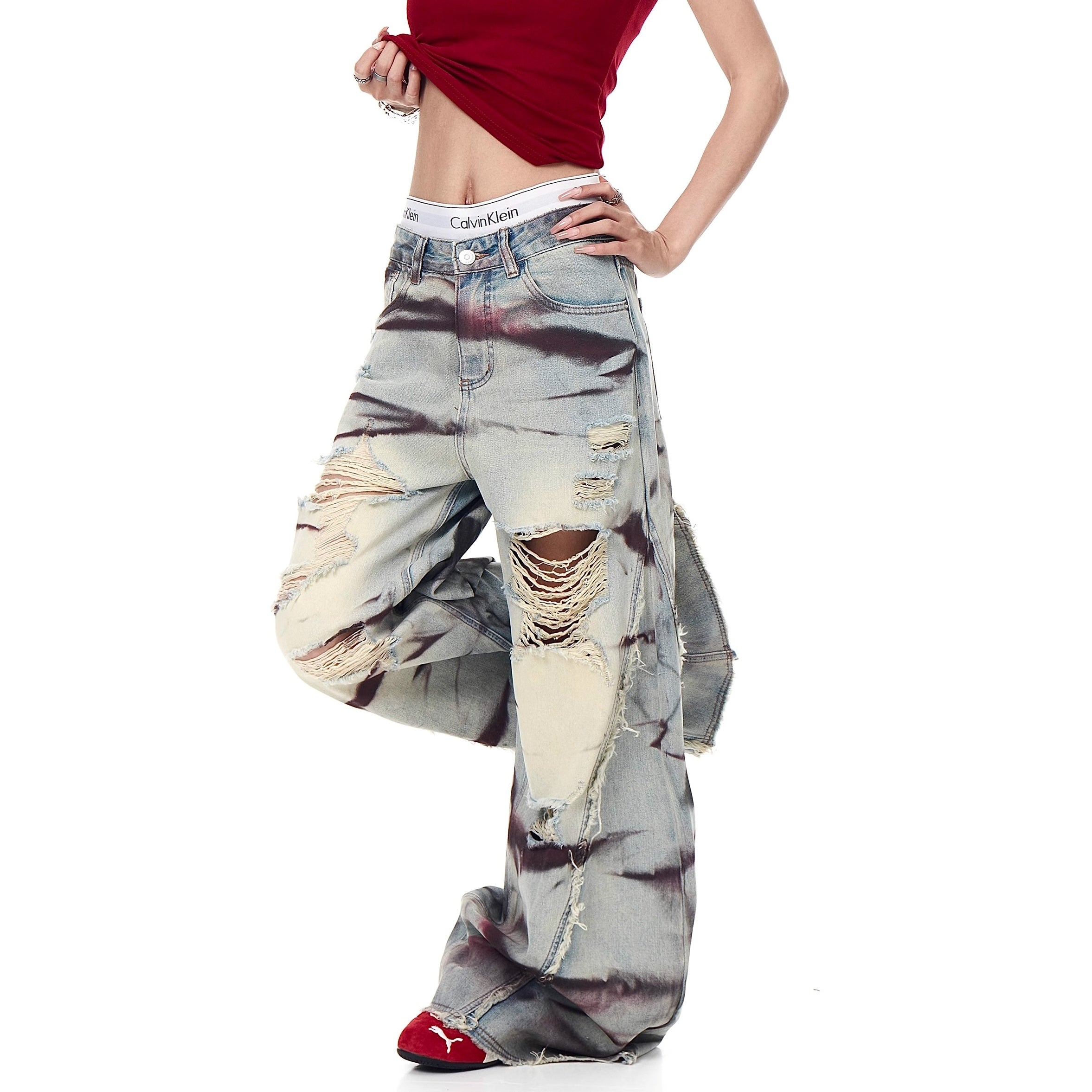 Stained Distressed Ripped Raw-edged Flared Jeans MW10195