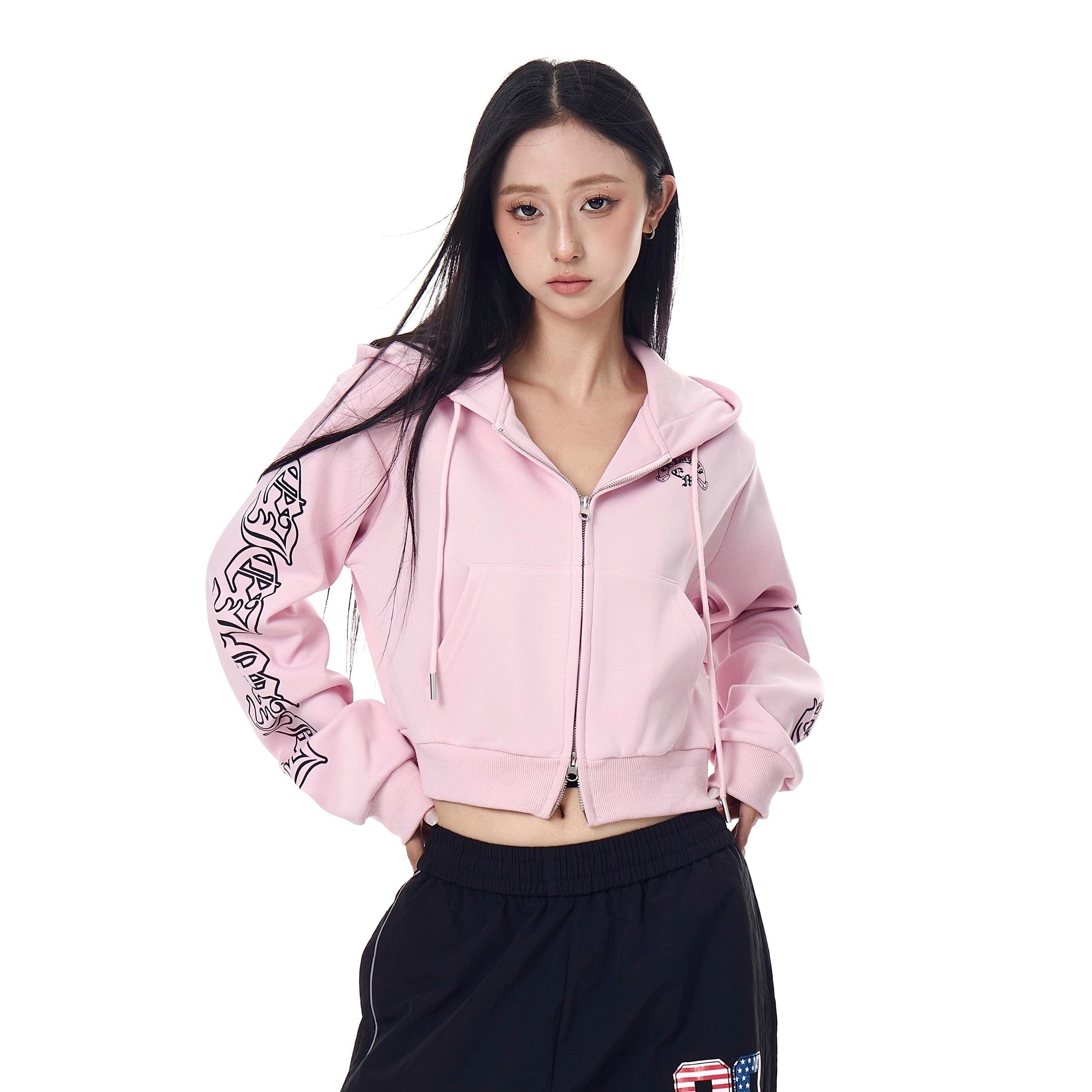 Gothic Letter Print Hooded Sweat Jacket MW10287