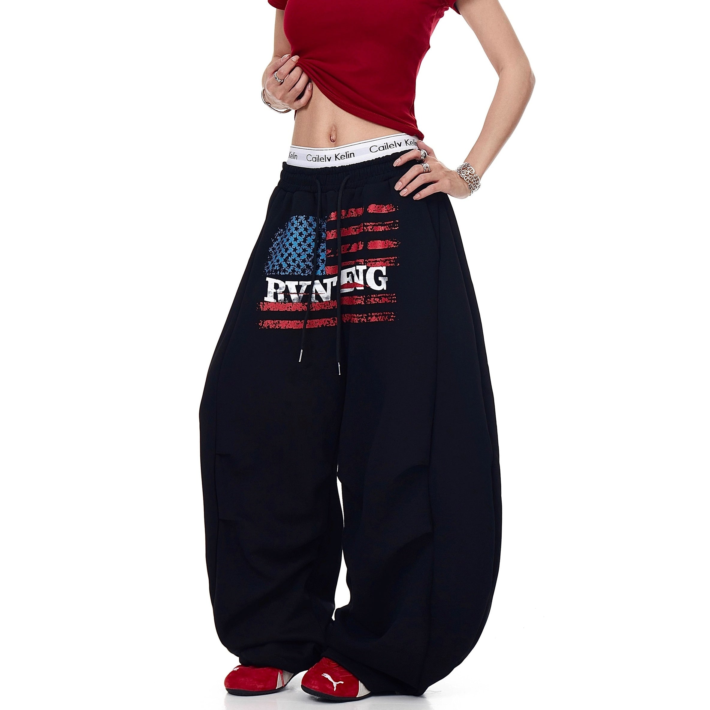 Flag Print Wide Panel Sweat Curve Pants MW10239