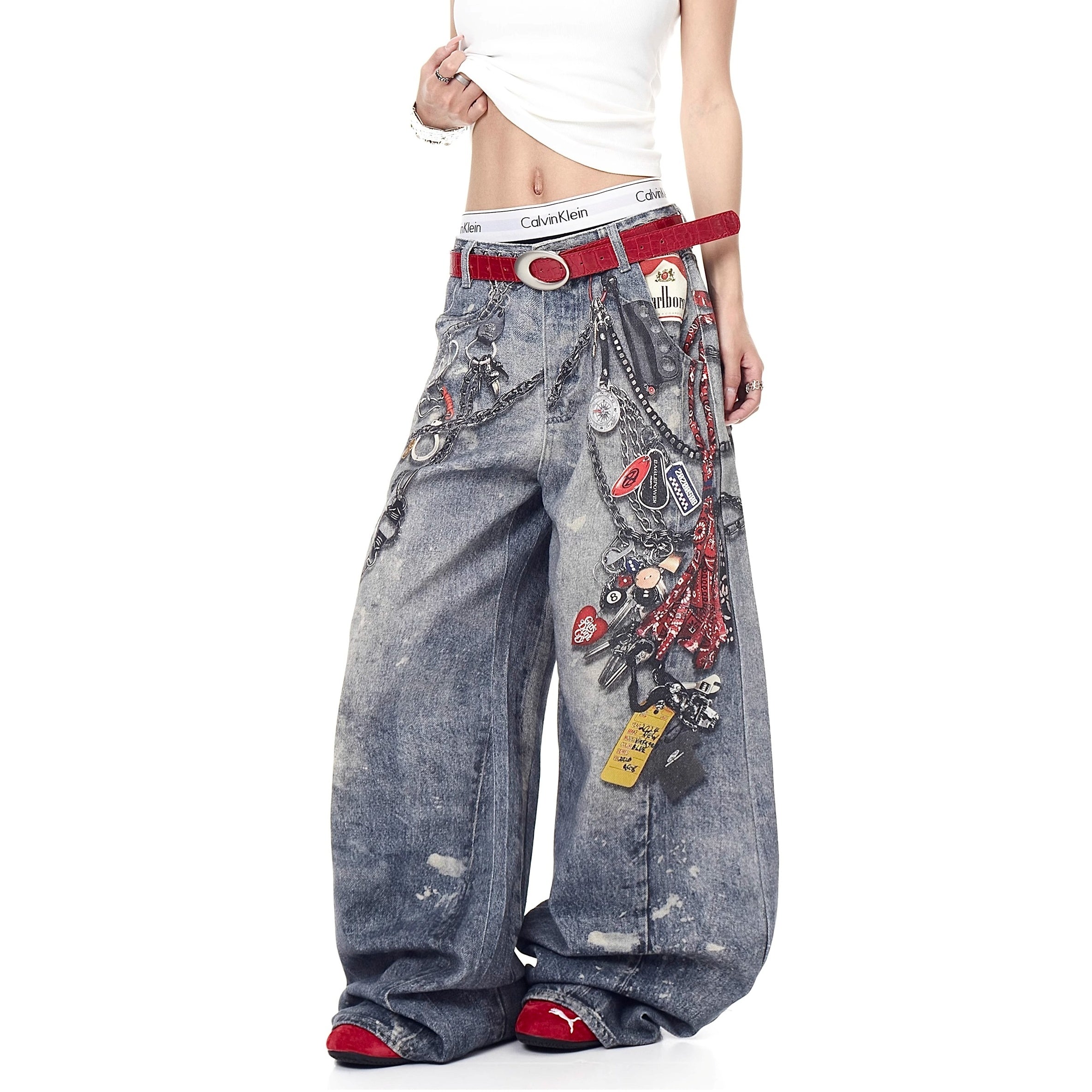 3D Chain Print Wide-leg Jeans MW10194