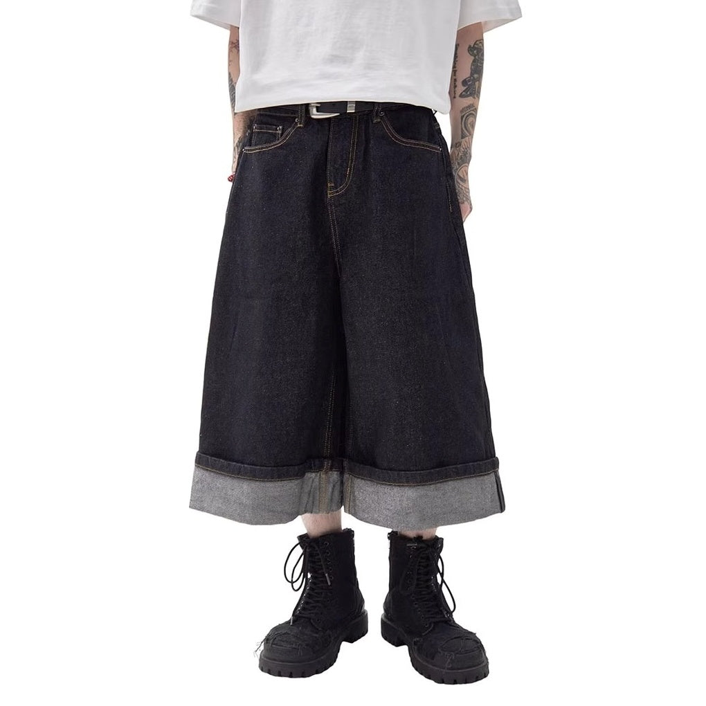 Turned-up Wide-leg Denim Half Pants MW10216