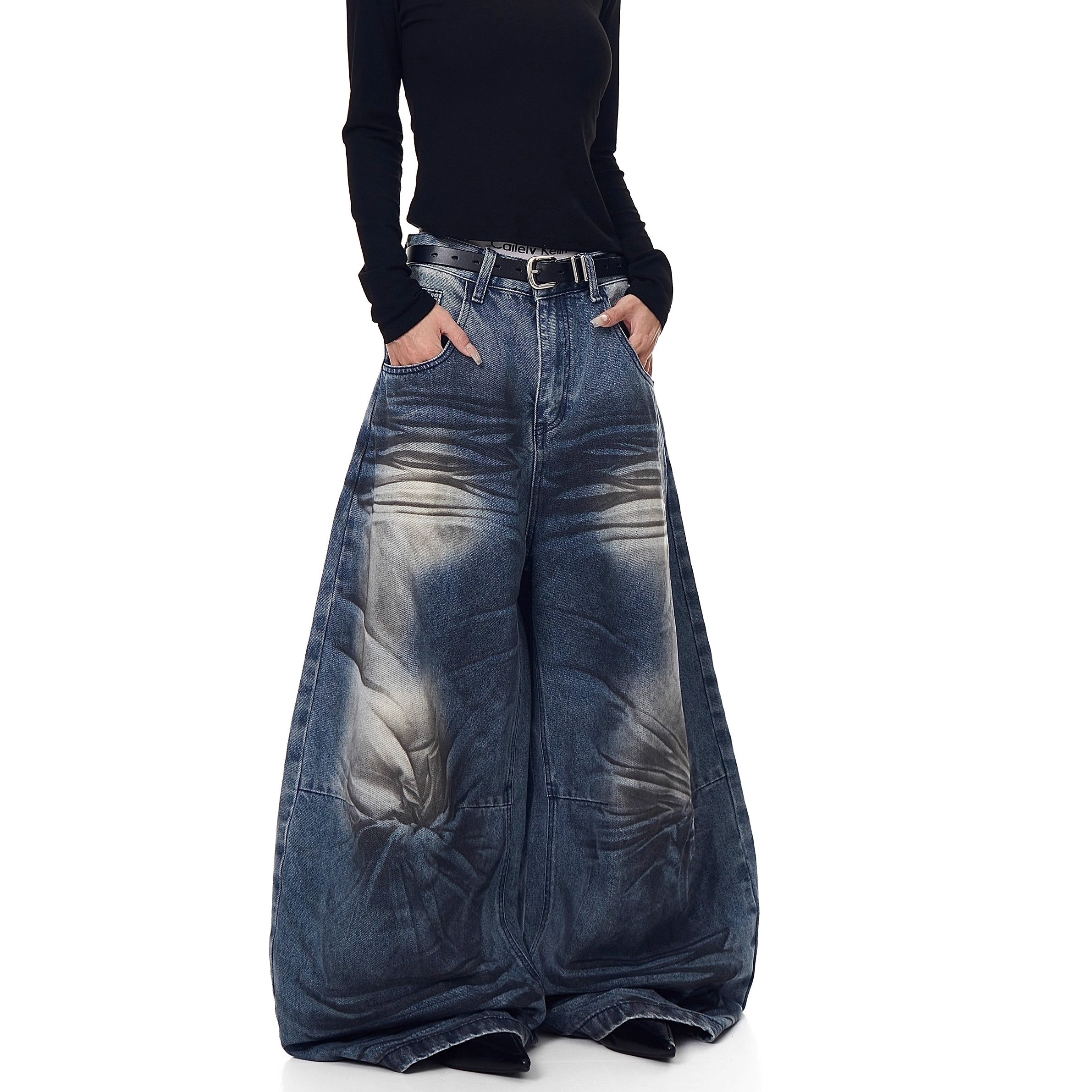 Washed Cat Whisker Printed Scimitar Jeans BK7029