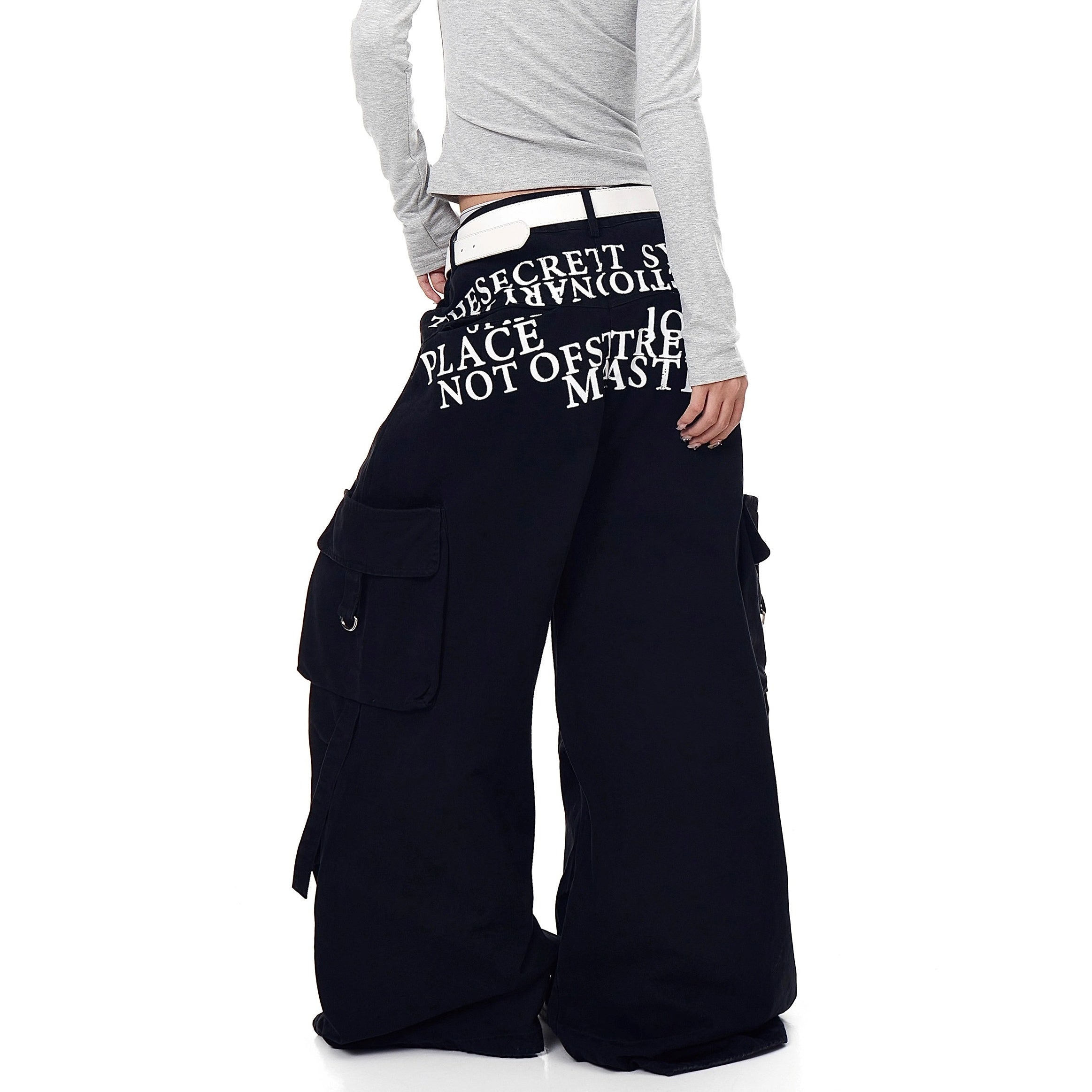 Back Letter Print Wide Cargo Pants MW10270