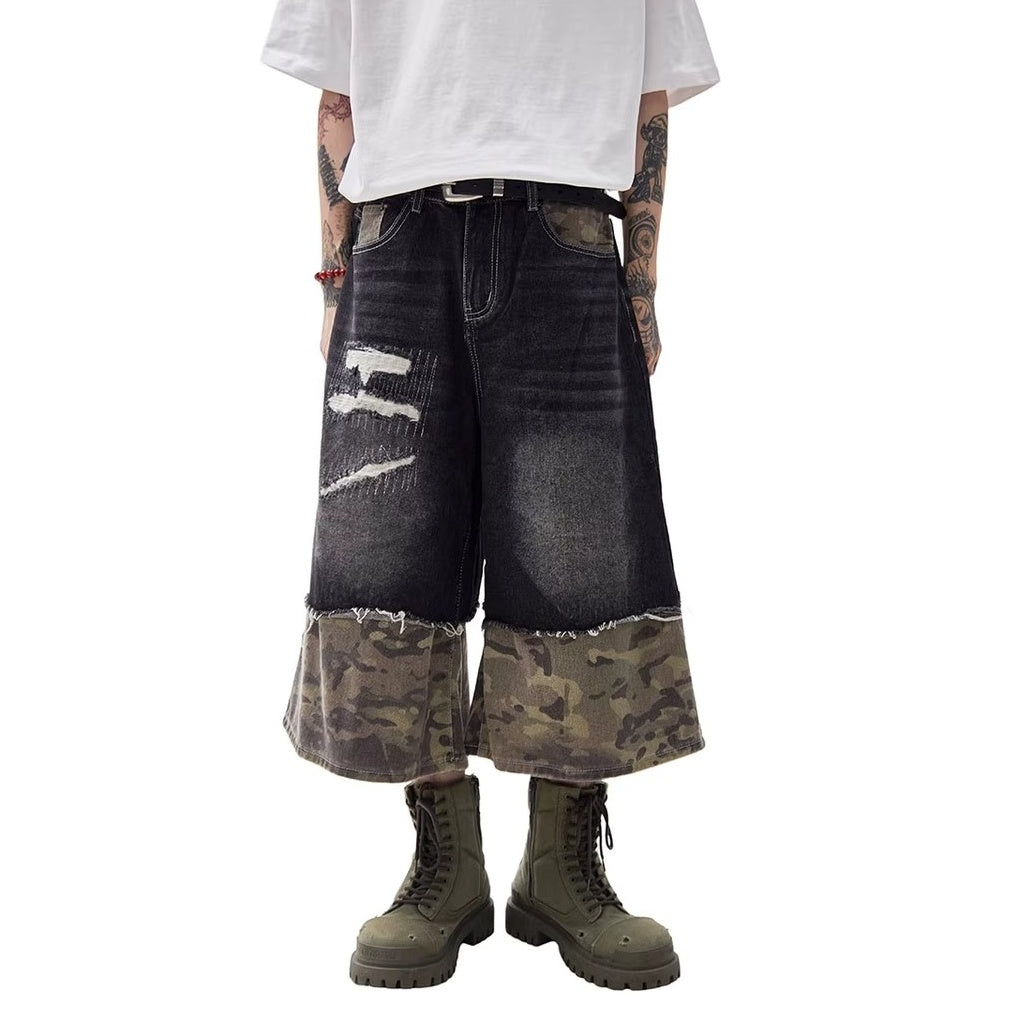 Stitching Camouflage Loose Denim Half Pants MW10218