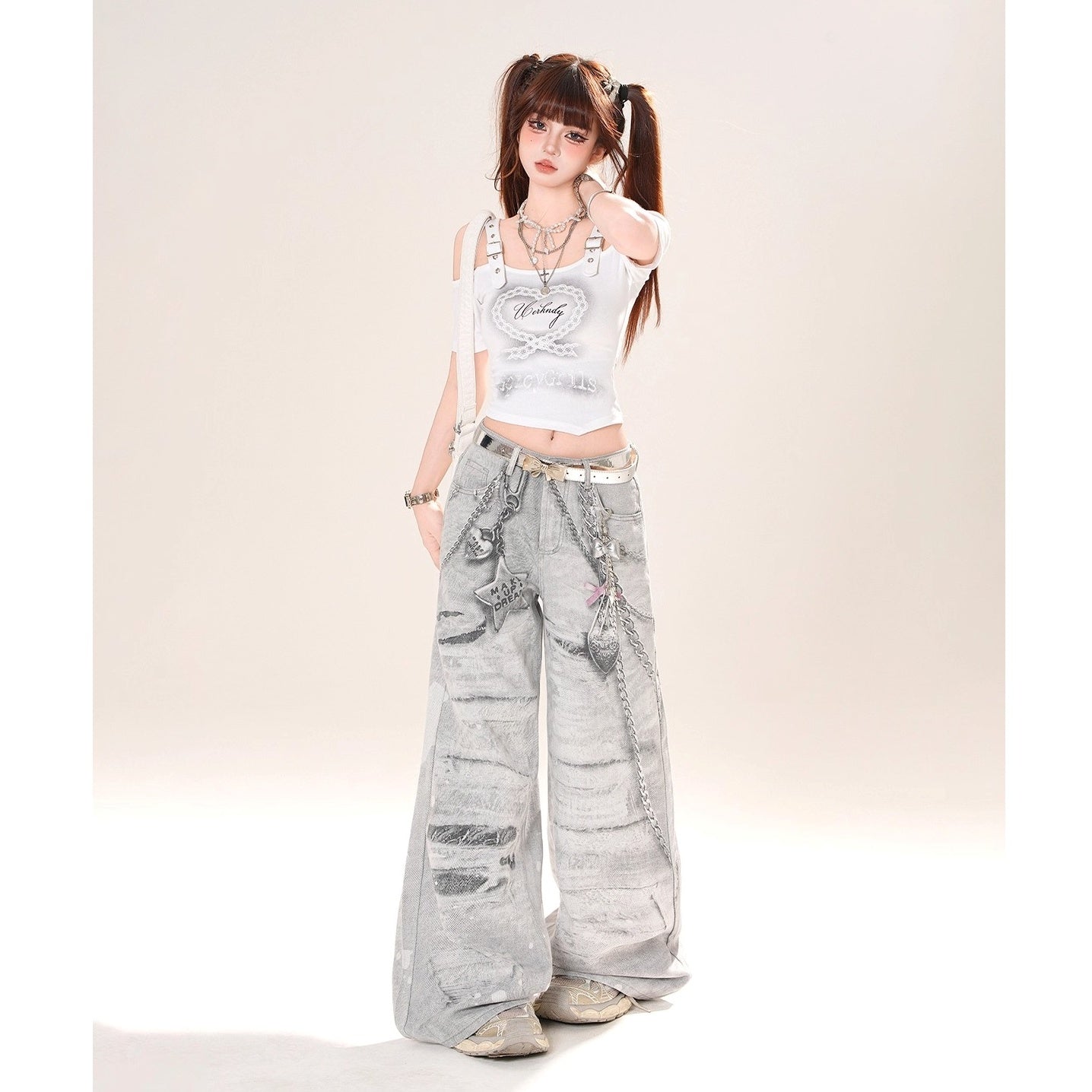 Chain＆Charm Print Loose Jeans KK2074