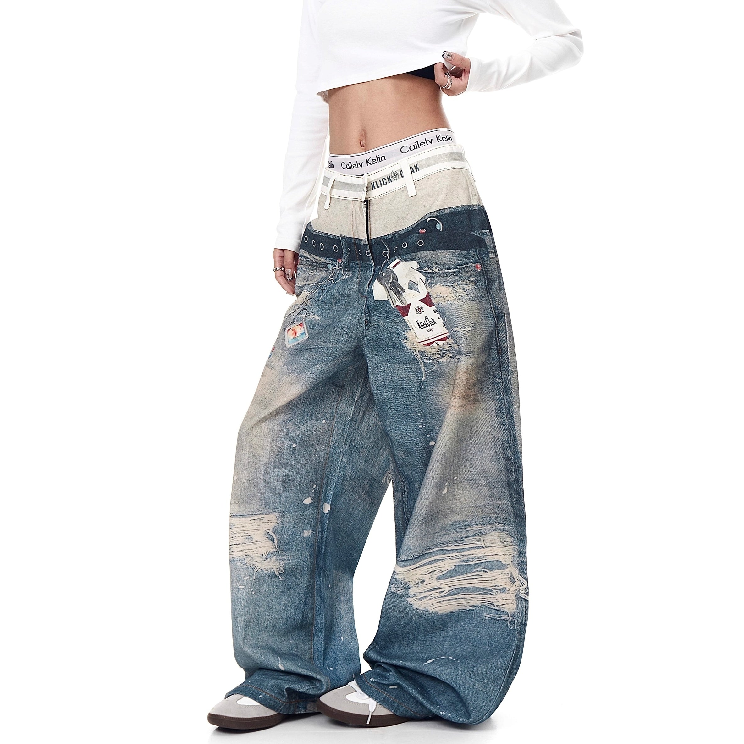 3D Printing Double Waist Distressed Loose Jeans BK7003