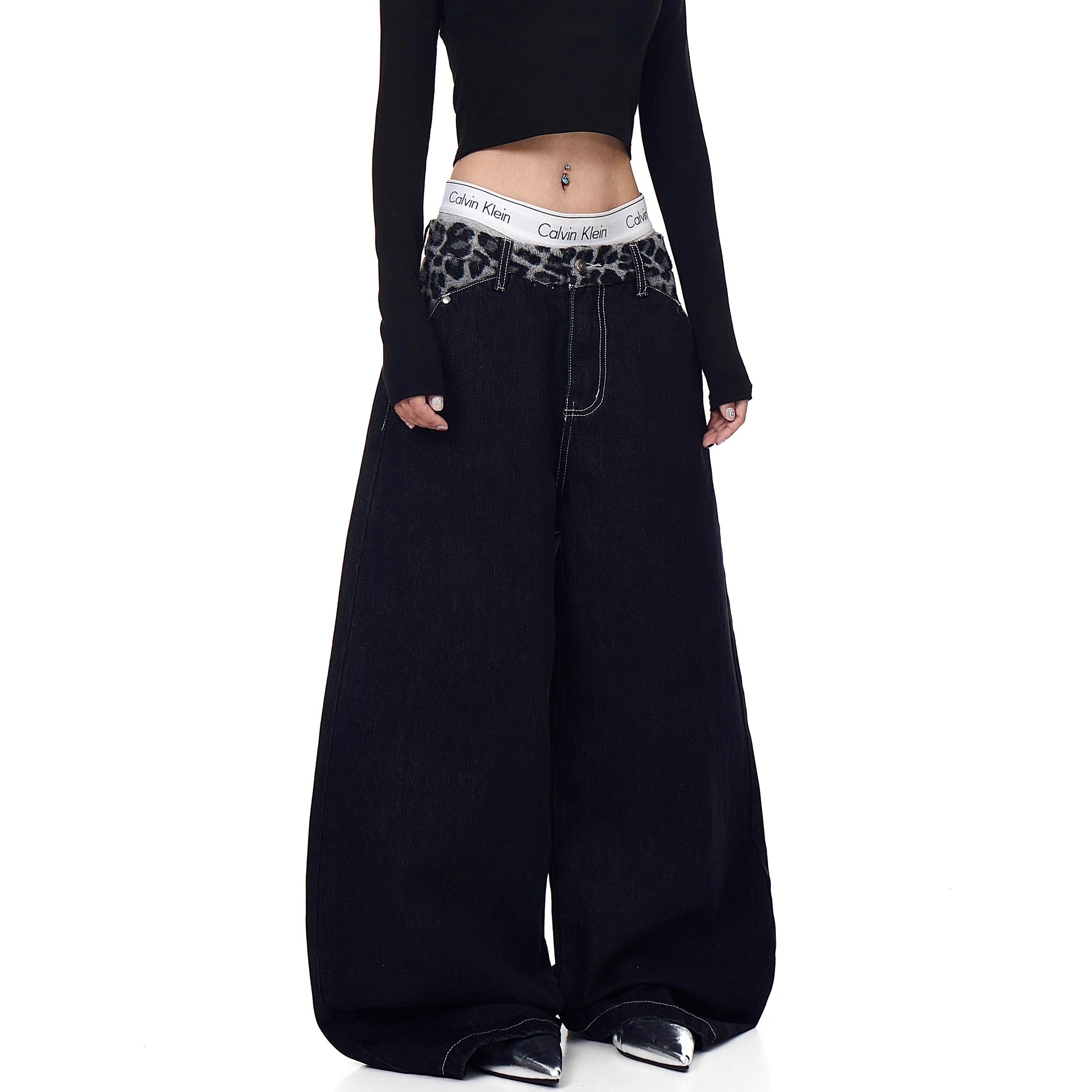 Plush Leopard Print Stitching Scimitar Jeans BK7045