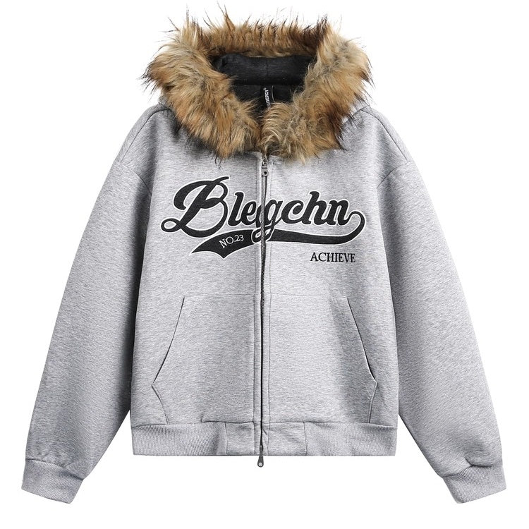 Monogram Embroidered Fur Collar Hooded Sweat Jacket EZ262