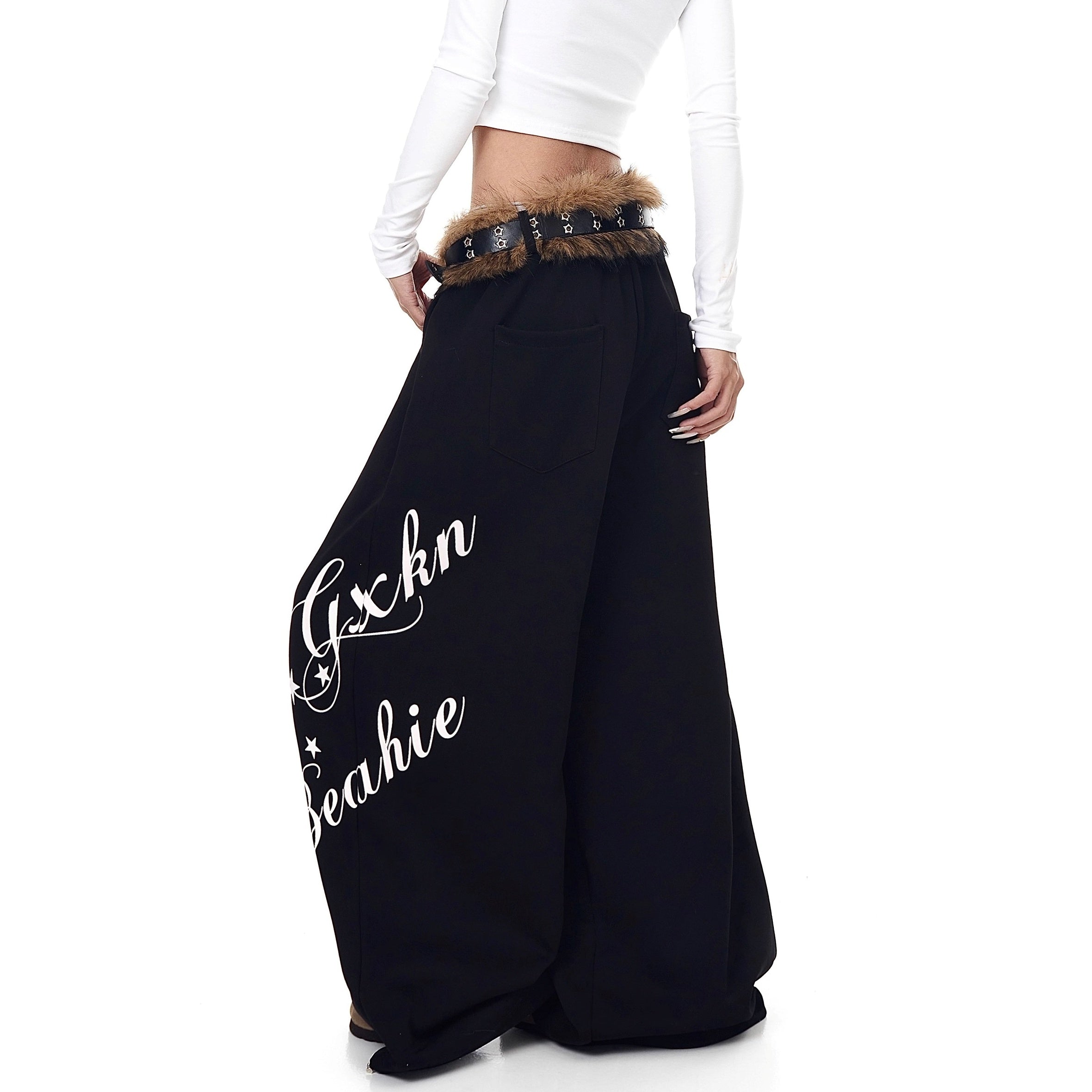 Letter Print Wide Sweat Pants With Fur Belt BK7026