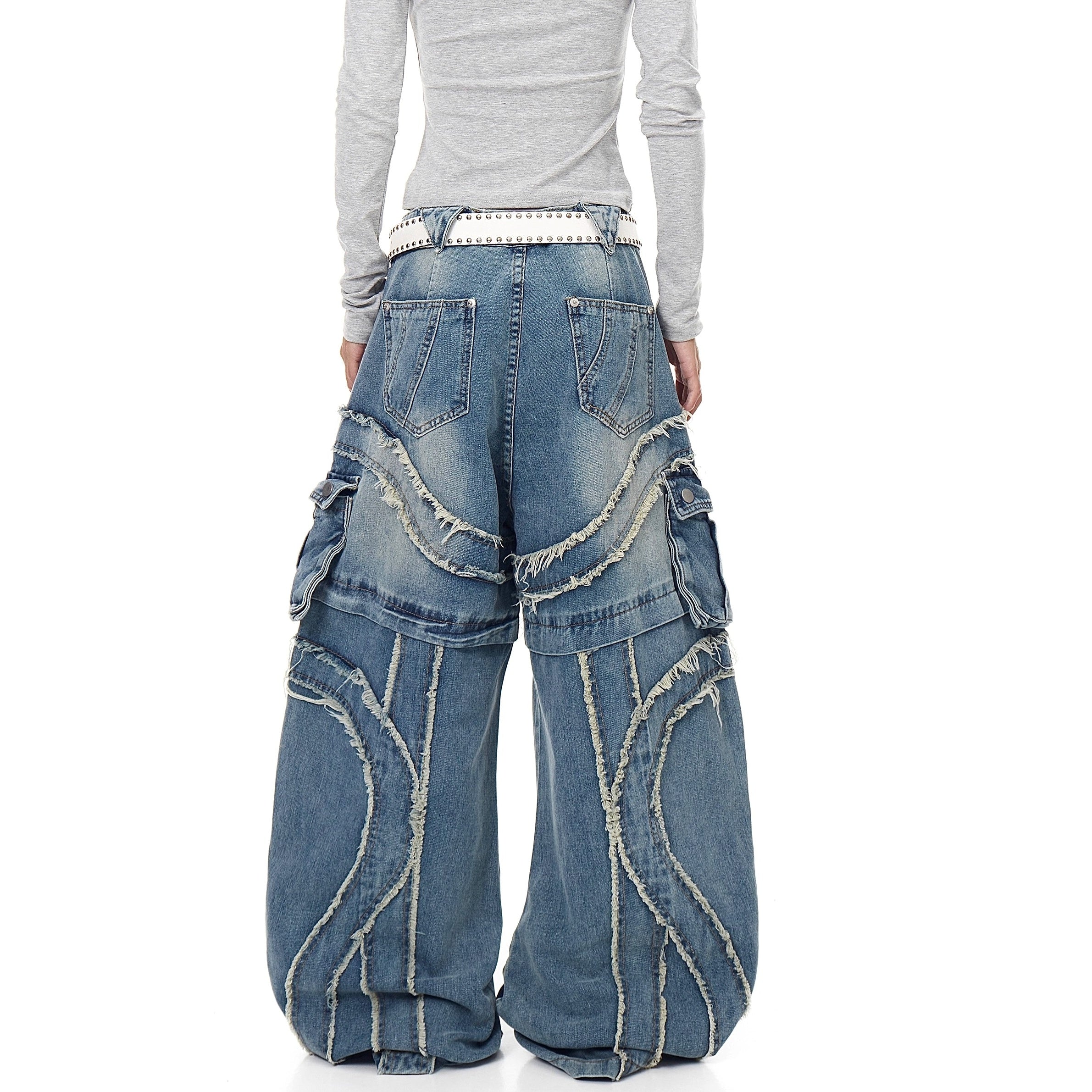 Raw Edge Stitching Cargo Jeans BK7022