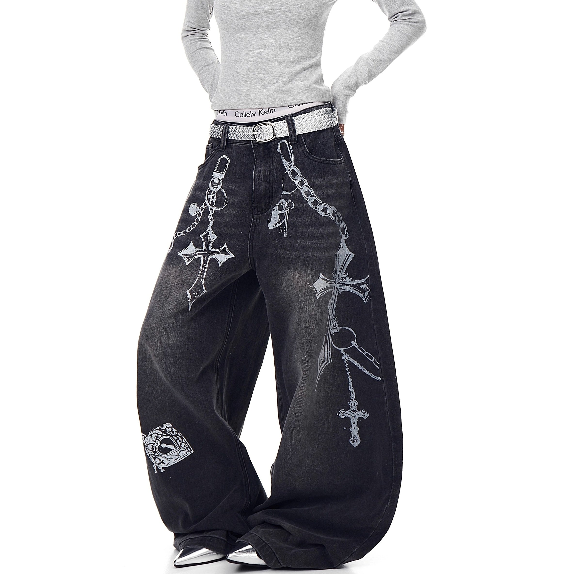 Cross Print Washed Loose Curve Jeans MW10275