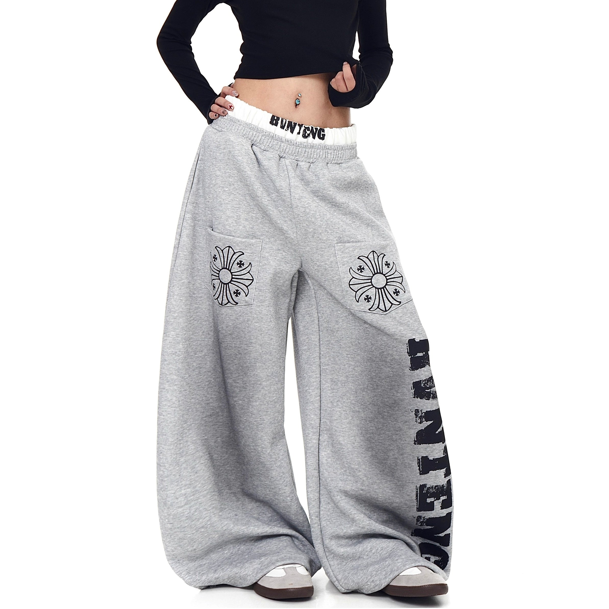 Double-Waist Letter Print Sweat Curve Pants BK7056