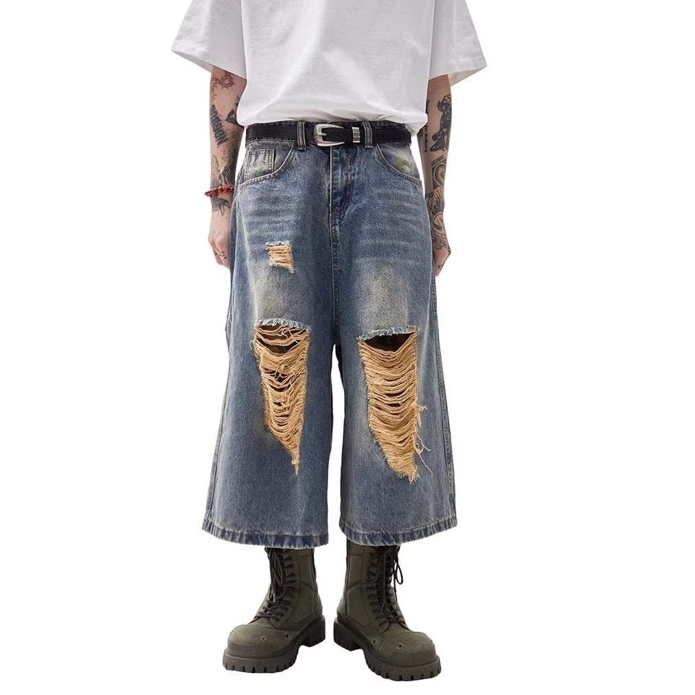 Ripped Holes Washed Denim Half Pants MW10217