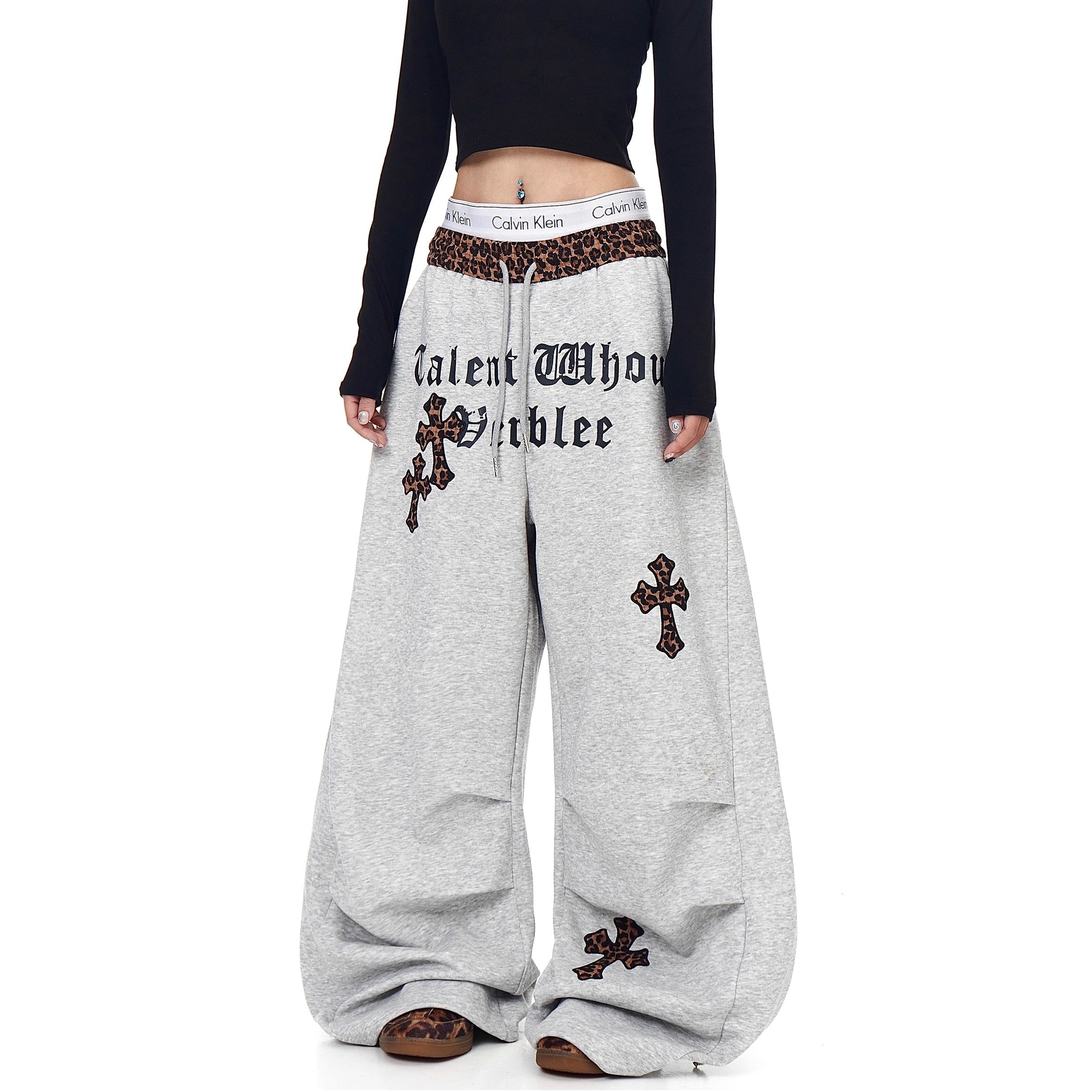 Leopard Print Patchwork Scimitar Sweat Pants BK7046