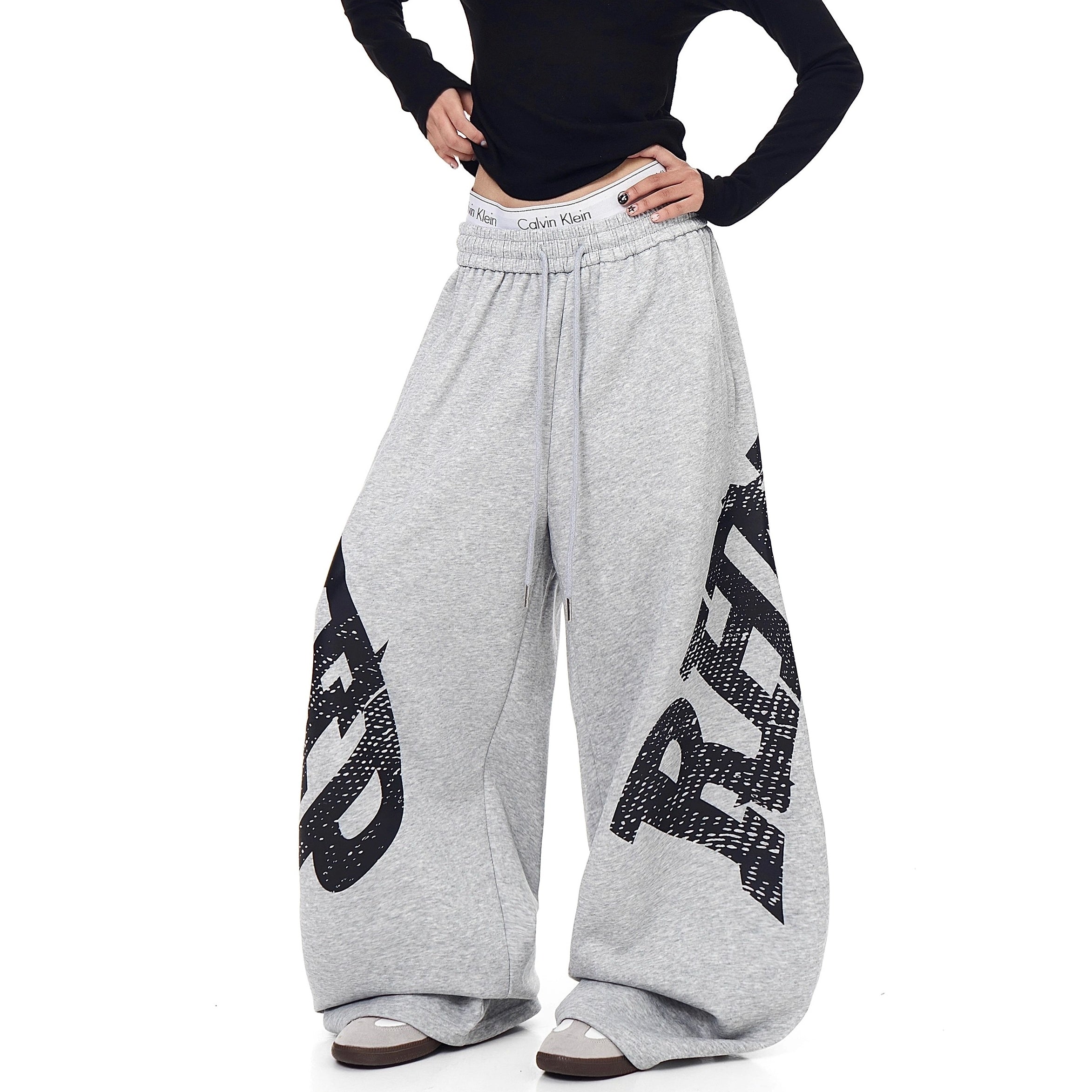 Letter Print Drawstring Scimitar Sweat Pants BK7042