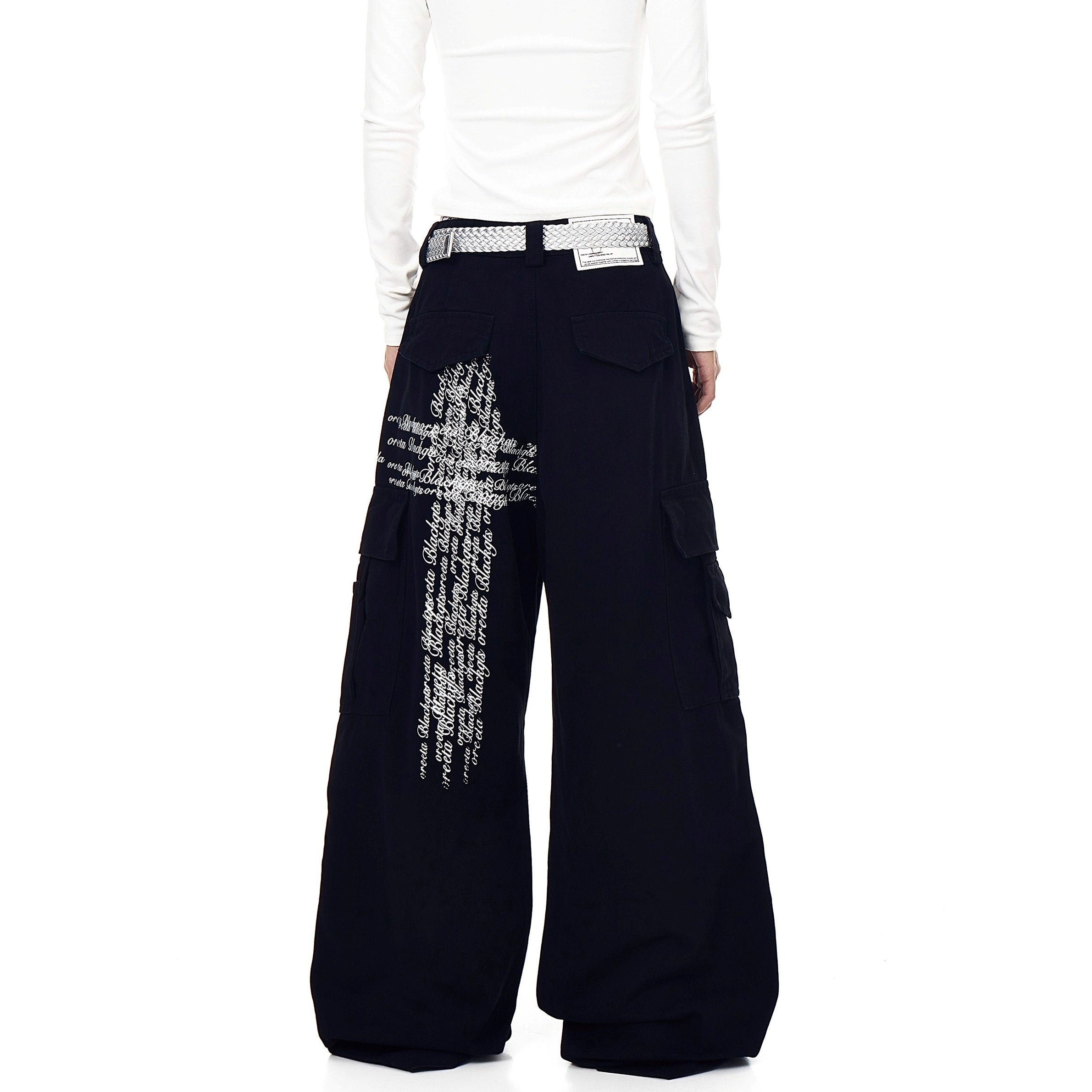 Washed Pleated Letter Print Cargo Pants BK7013