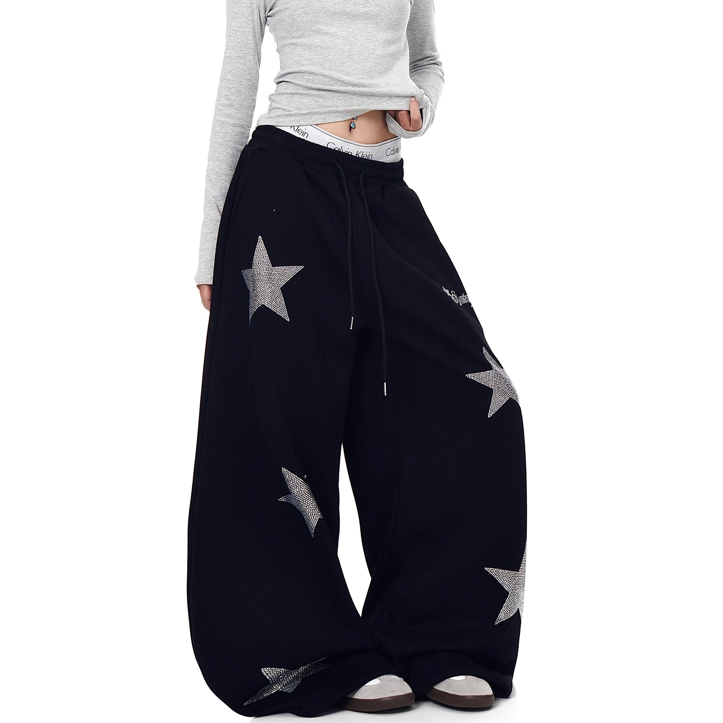 Star Rhinestone Design Curve Sweat Pants BK7060
