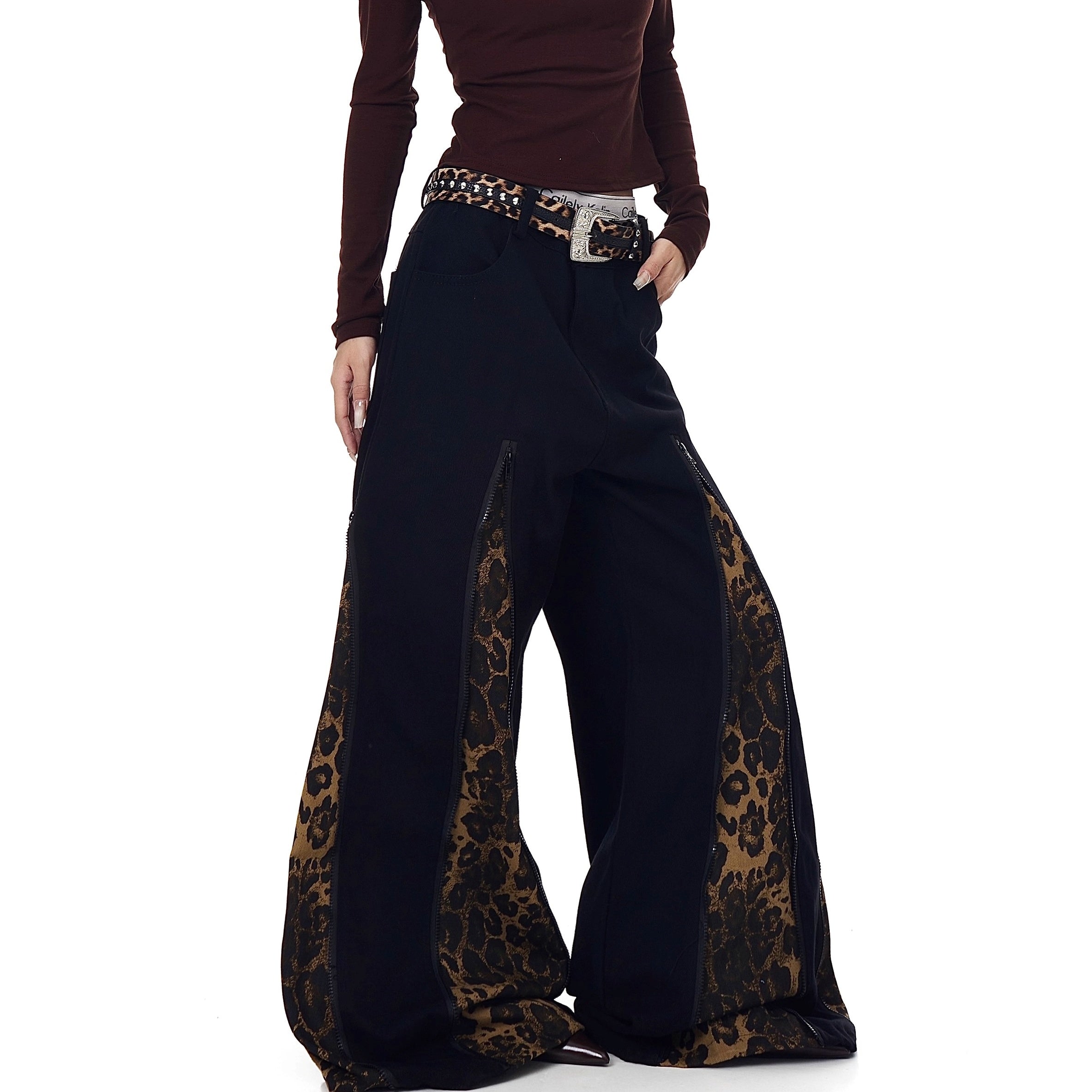 Zipper Stitch Leopard Patchwork Flare Jeans BK7019