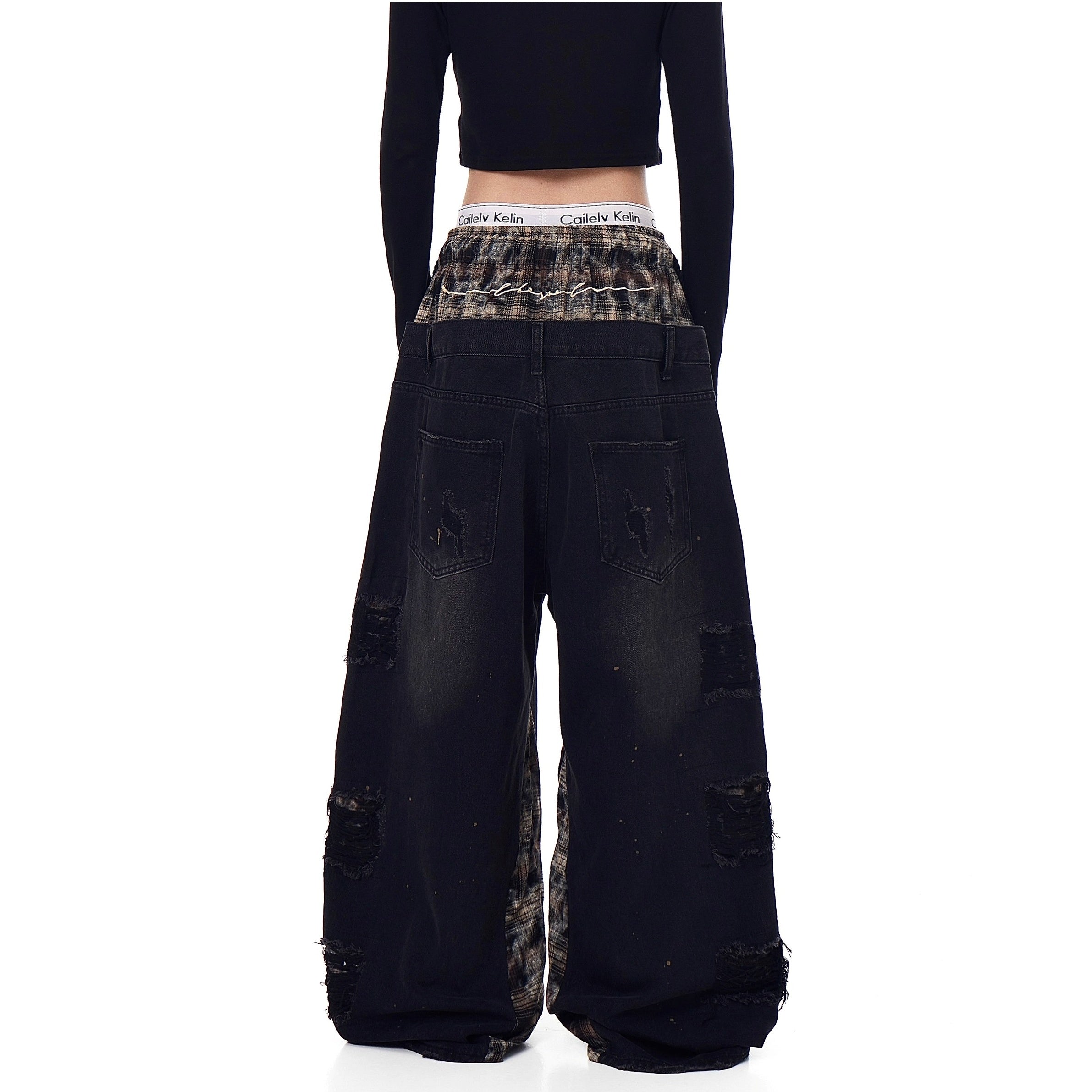 Double Waist Splicing Ripped Curve Jeans MW10273