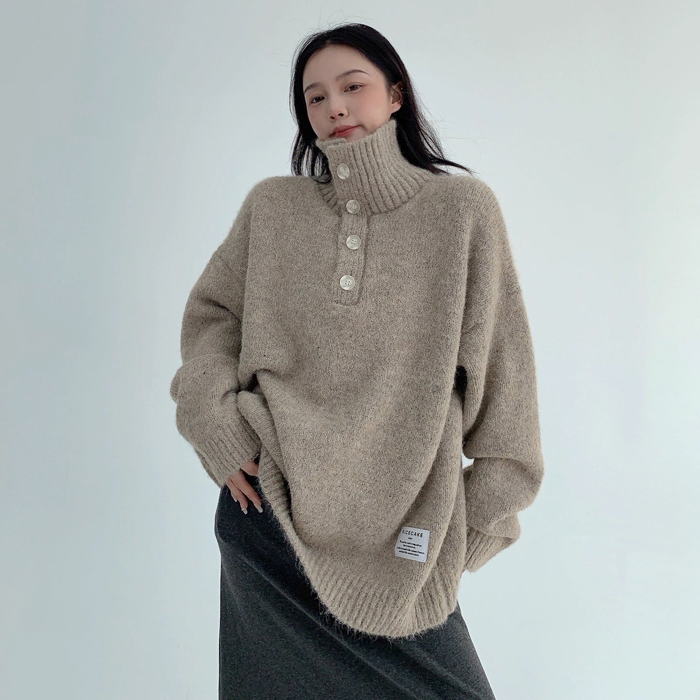 High Neck Half-Button Loose Sweater OS2054