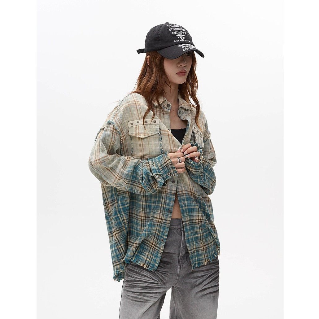Washed Gradation Raw Plaid Shirt MW10323