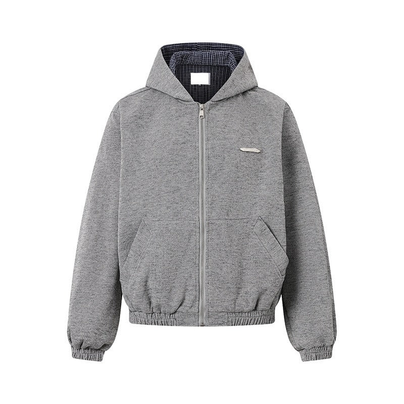 Plaid Stitching Zip Hooded Parka MN9042