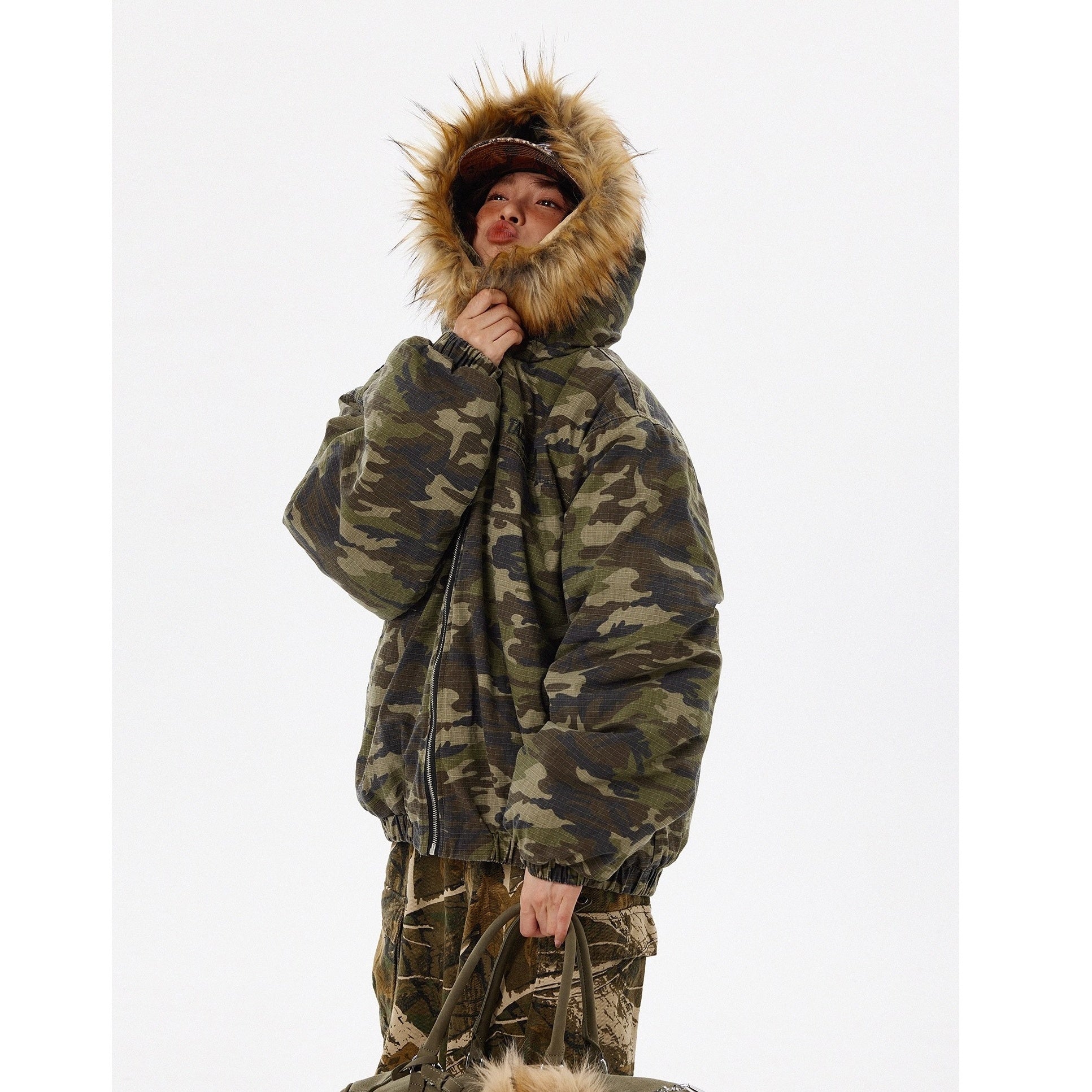 Retro Camouflage Fur Collar Hooded Jacket TP9004