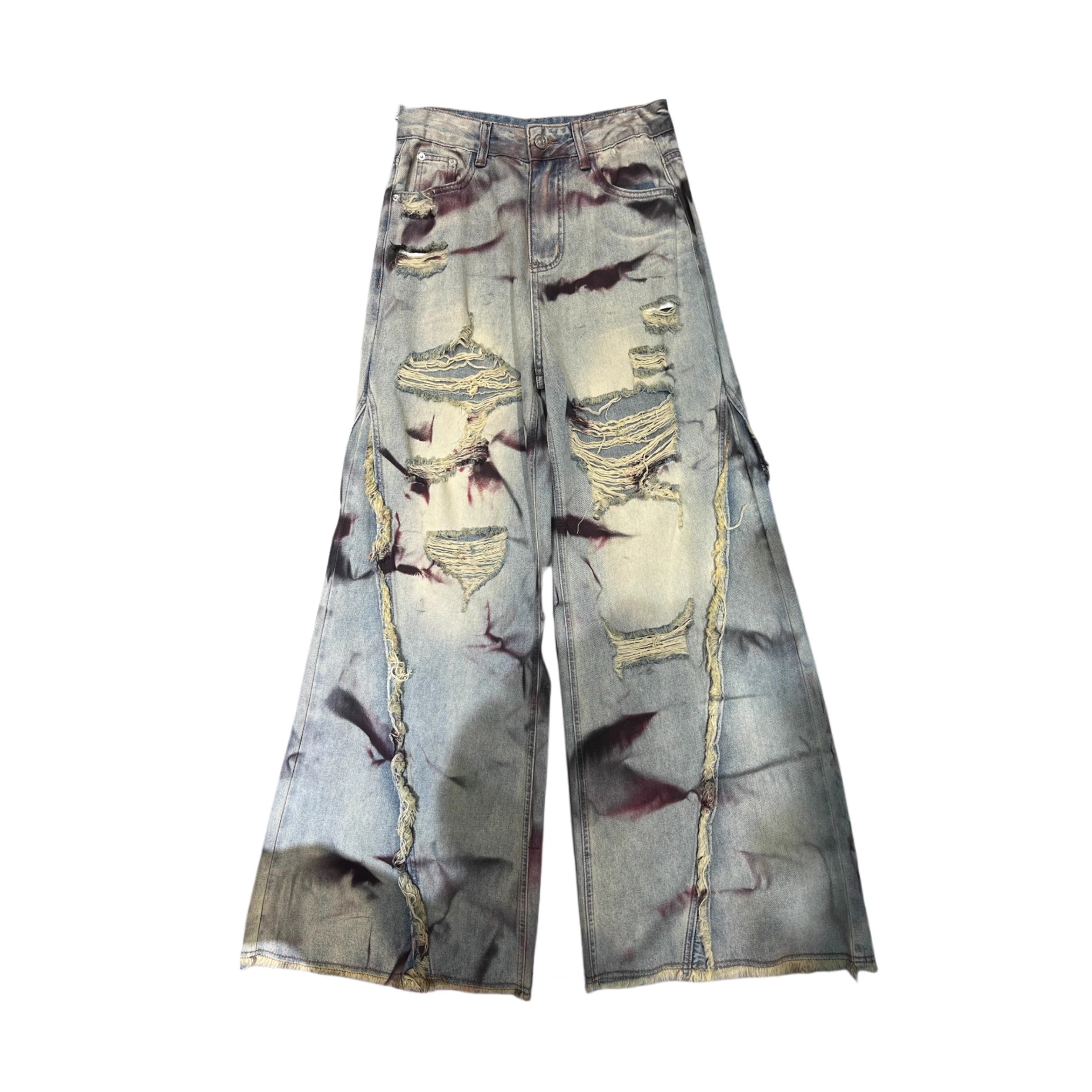 Stained Distressed Ripped Raw-edged Flared Jeans MW10195